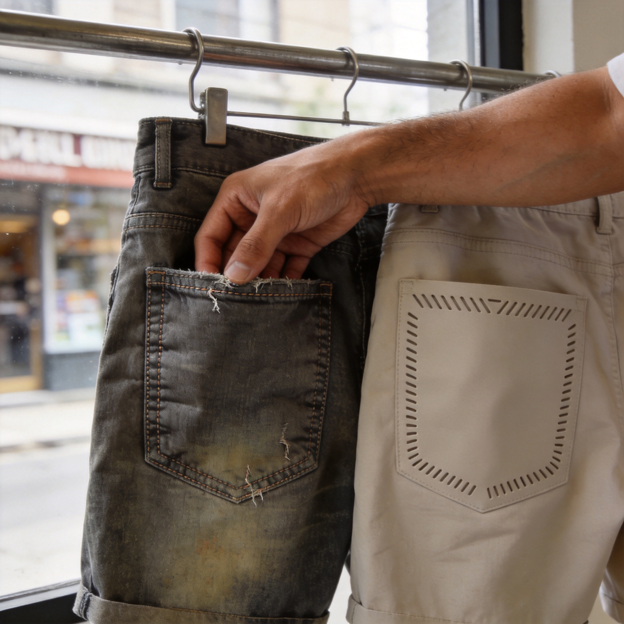 Man comparing laser-cut vs traditional pockets on men's shorts
