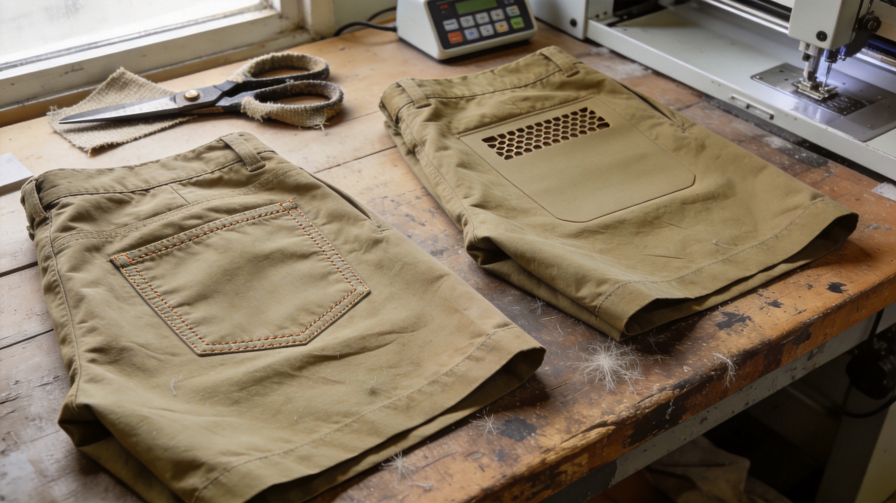 Laser-cut vs traditional pockets on men's shorts laid flat on workbench