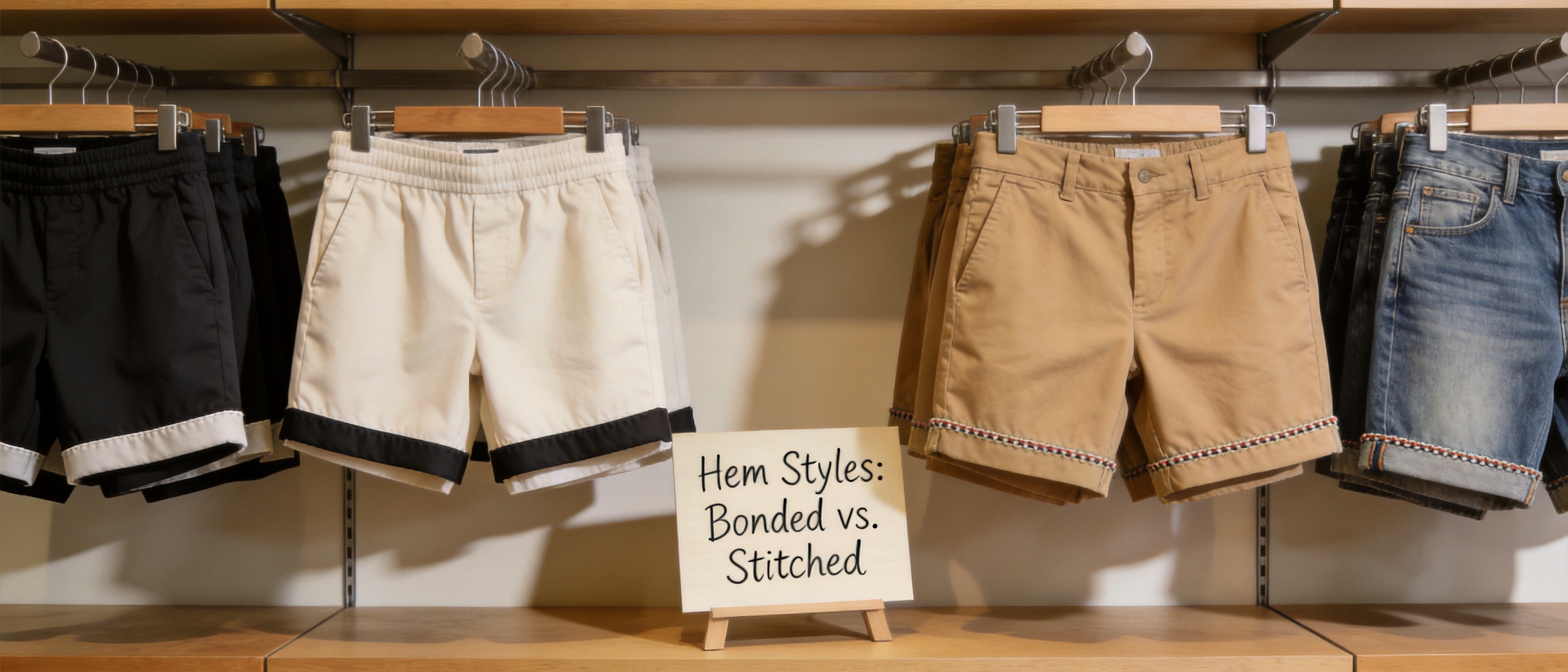 Retail display of bonded vs non-bonded hem men's shorts with style guide sign