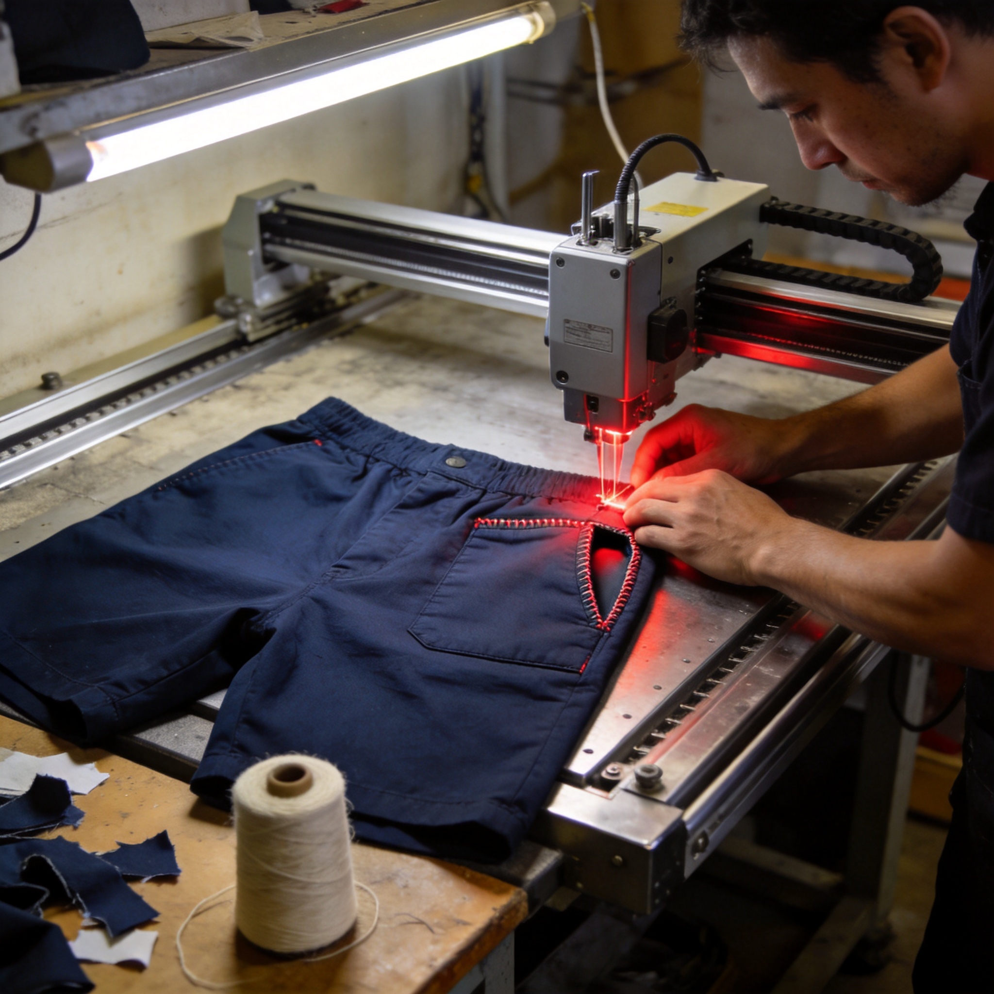 Technician using laser cutter to create seamless men's shorts pocket