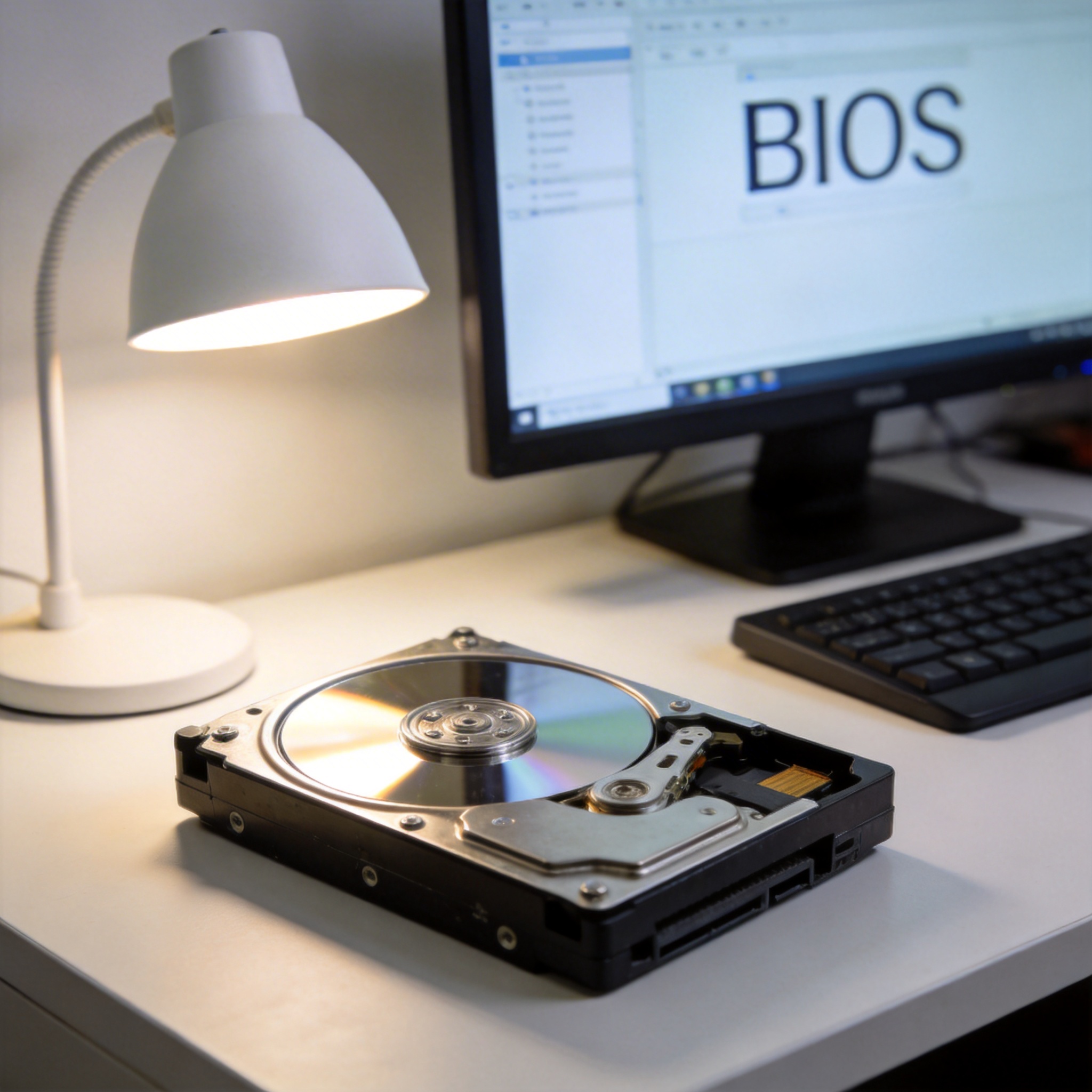 电脑桌上的硬盘，屏幕显示BIOS桌面，旁边放着台灯