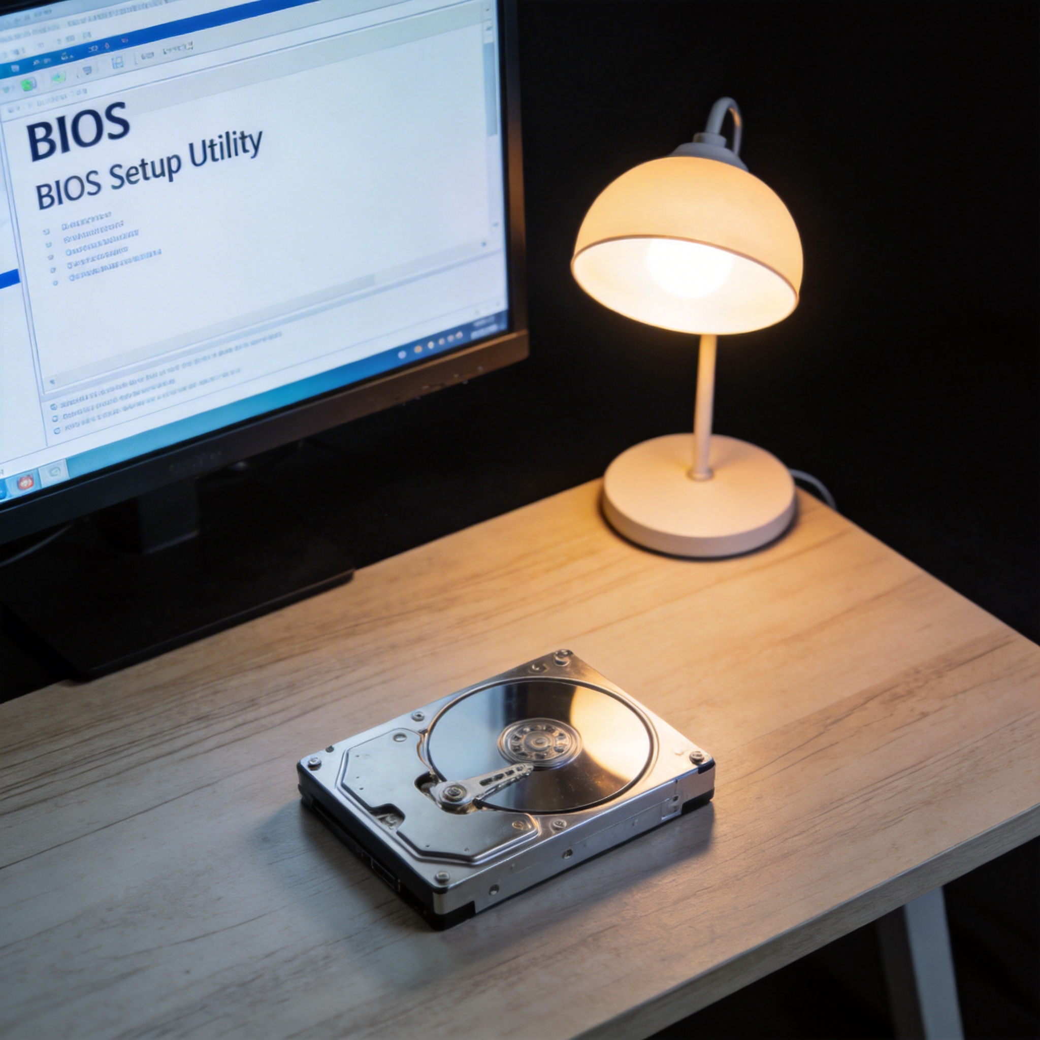 电脑桌上的硬盘,屏幕显示BIOS桌面,旁边放着台灯 电脑桌上的硬盘,屏幕显示BIOS桌面,旁边放着台灯