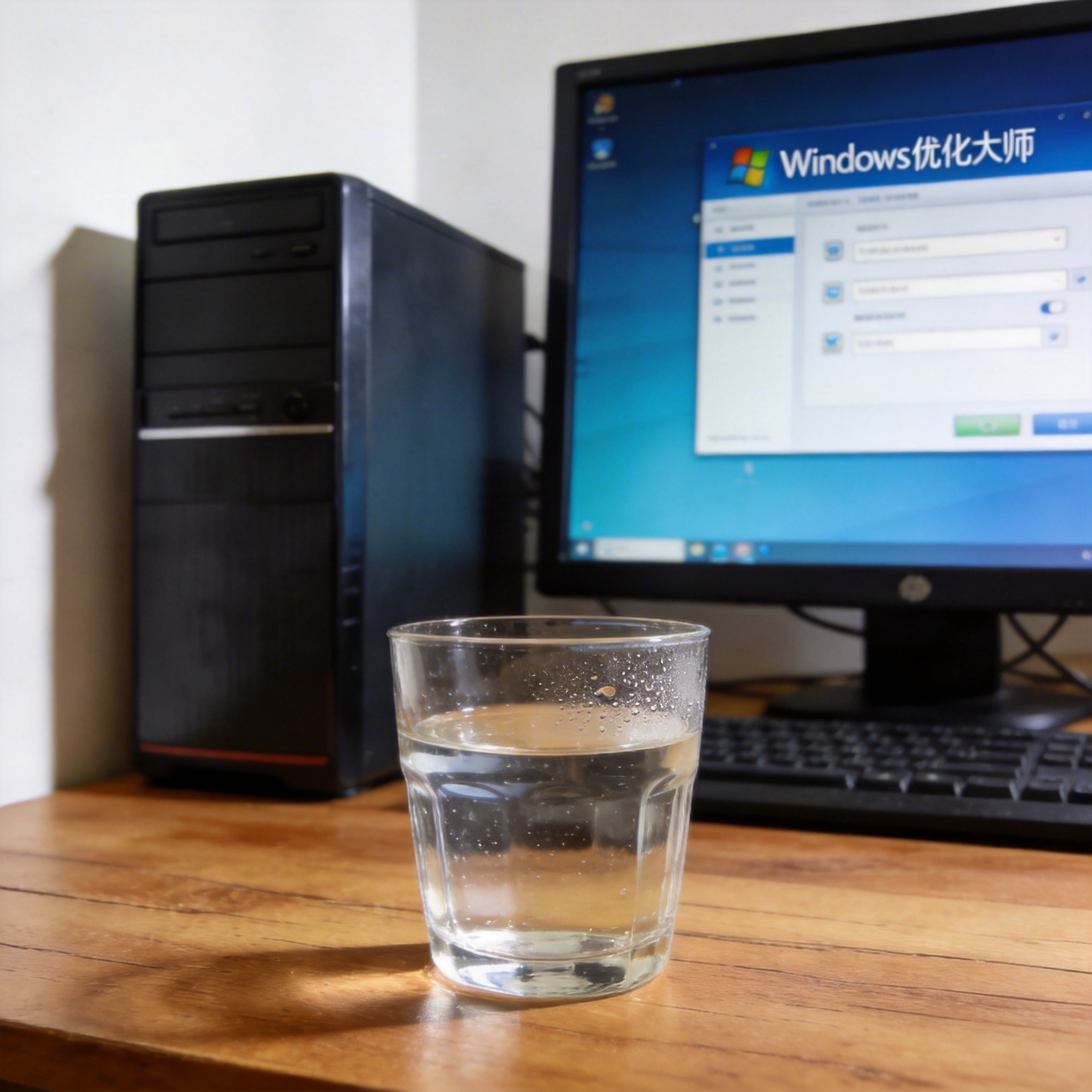 书桌上的主机，屏幕显示优化大师设置界面，桌角放着水杯，自然光