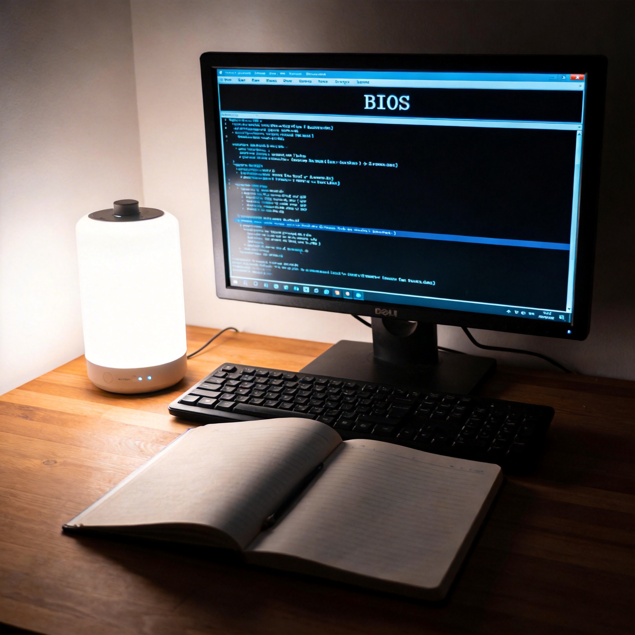 电脑桌上的笔记本，屏幕显示BIOS界面，旁边放着台灯