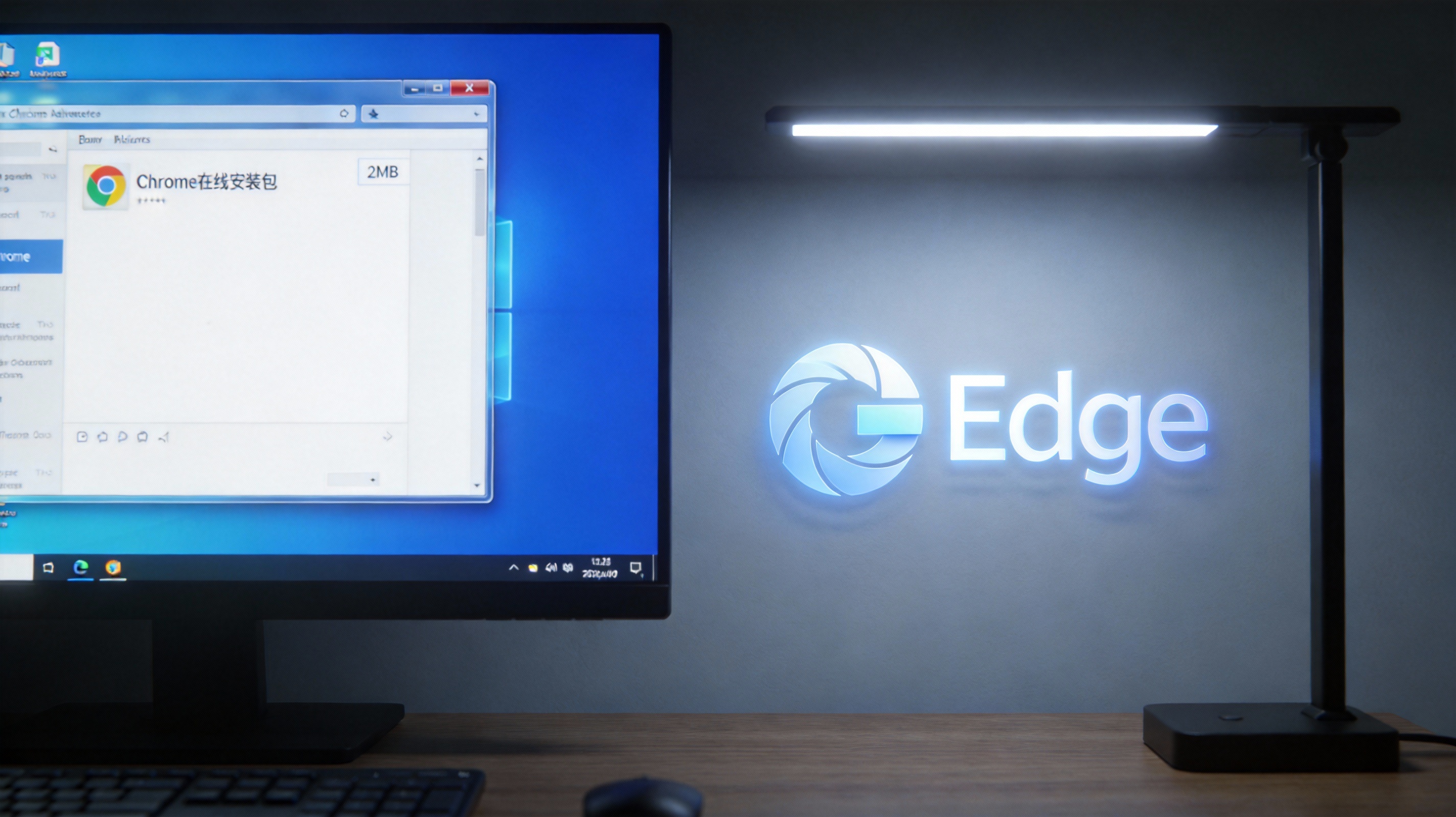 Windows系统电脑桌面，屏幕显示文件资源管理器窗口，里面有2MB大小的Chrome在线安装包，桌面右侧有半透明的Edge浏览器图标，台灯冷白光