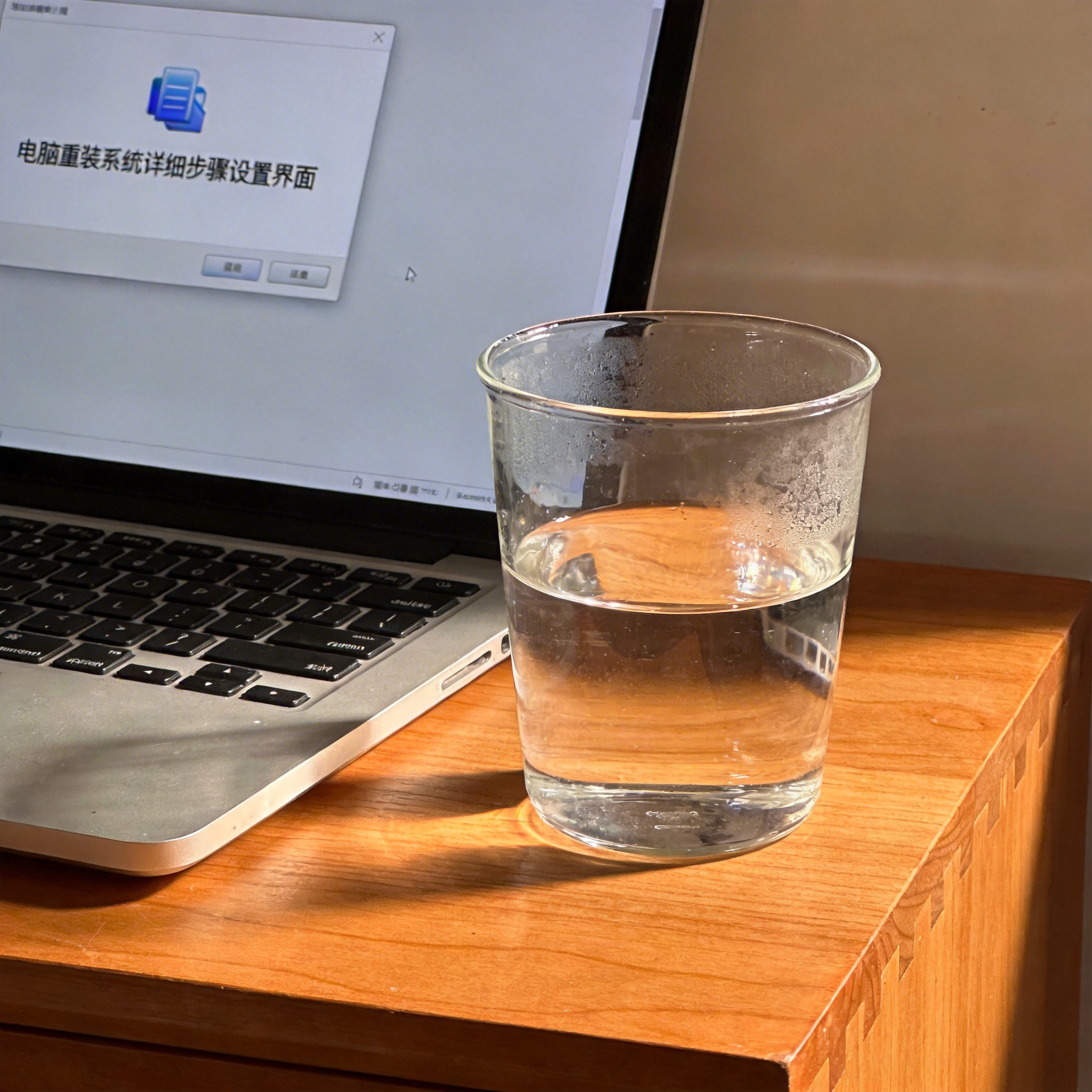 书桌上的笔记本，屏幕显示电脑重装系统详细步骤设置界面，桌角放着水杯，自然光
