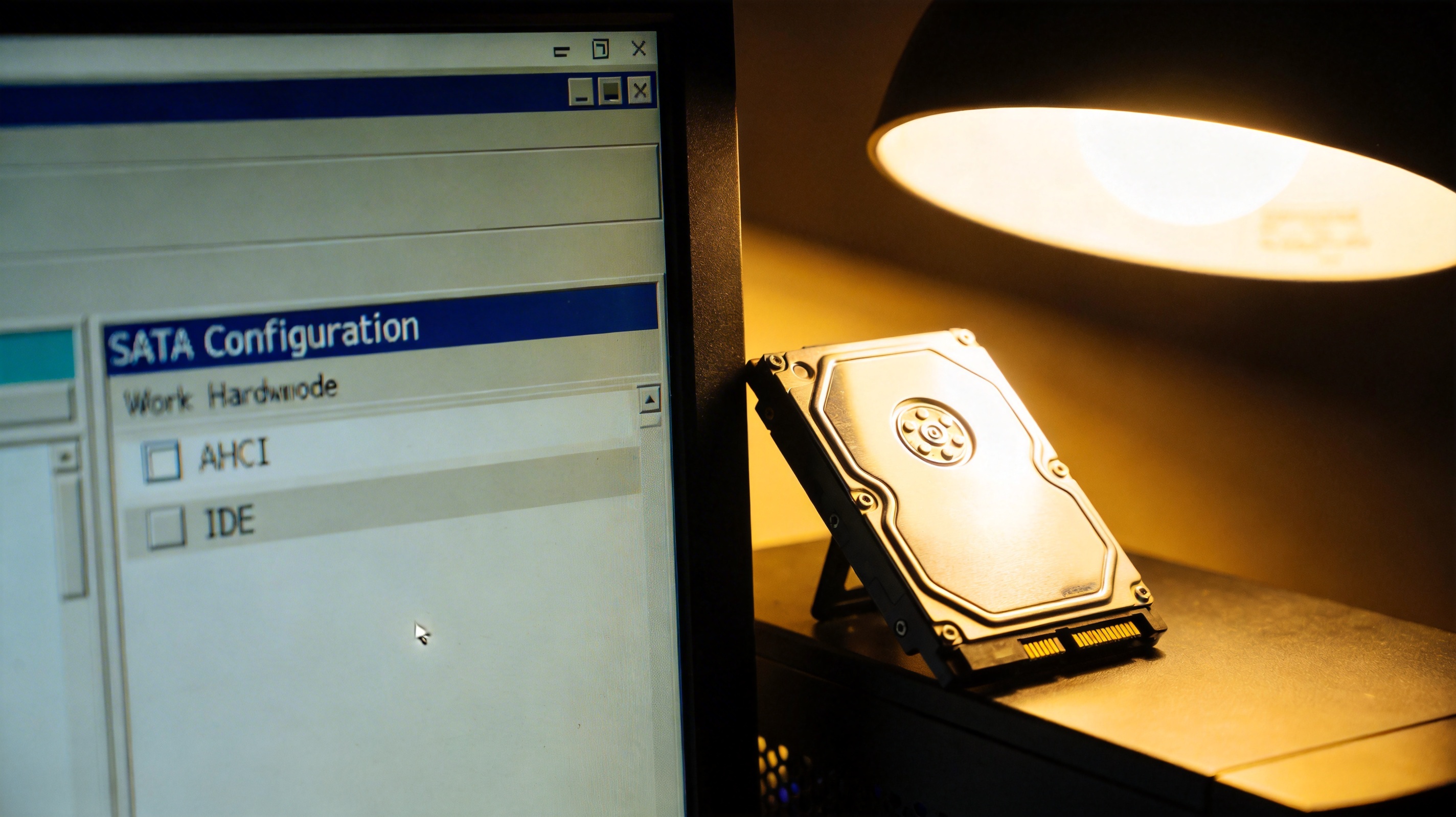 台式机屏幕显示BIOS的SATA Configuration设置界面,硬盘工作模式选项在AHCI和IDE之间,旁边放着固态硬盘,台灯暖光 台式机屏幕显示BIOS的SATA Configuration设置界面,硬盘工作模式选项在AHCI和IDE之间,旁边放着固态硬盘,台灯暖光