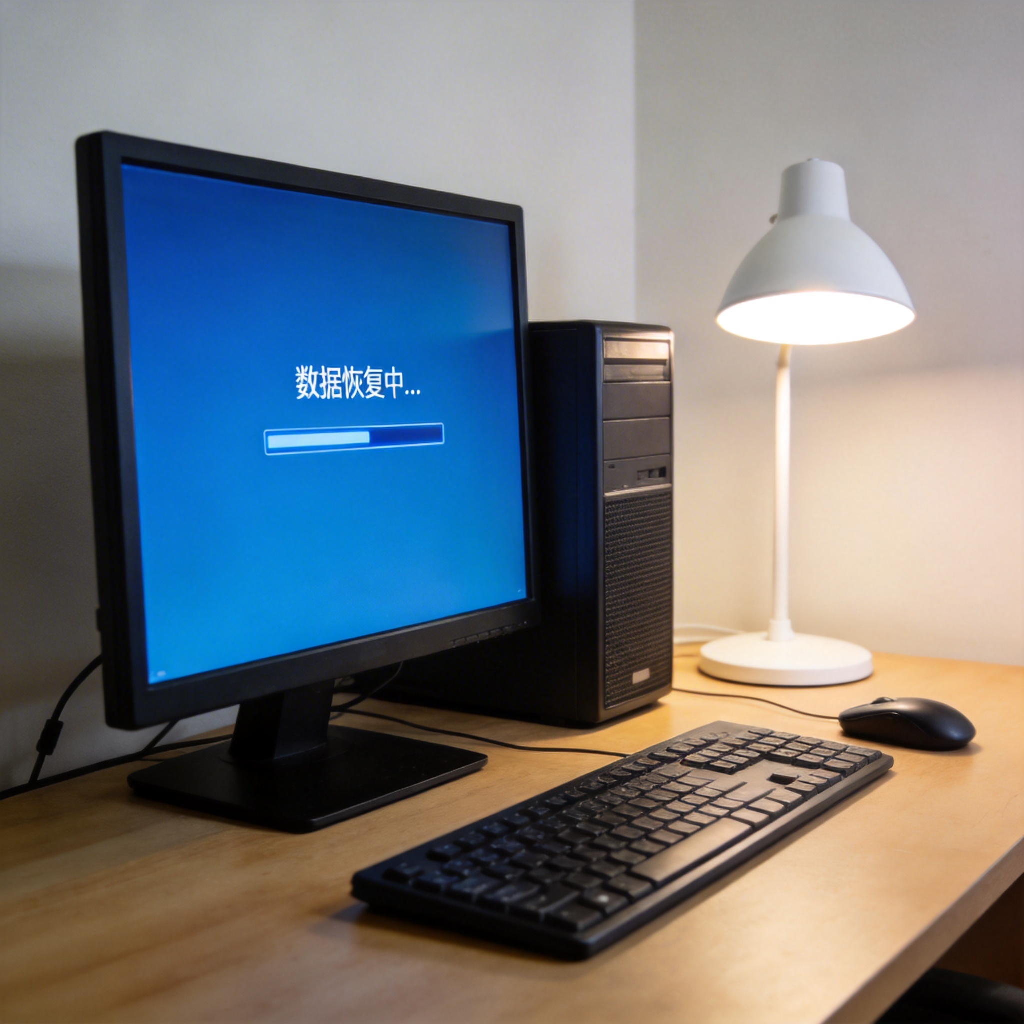 电脑桌上的台式机，屏幕显示数据恢复界面，旁边放着台灯