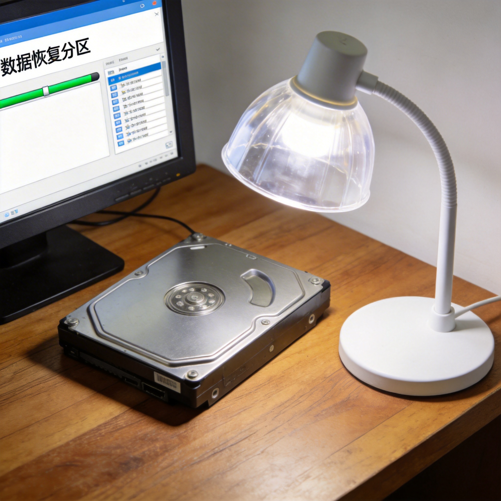 电脑桌上的硬盘，屏幕显示数据恢复分区，旁边放着台灯