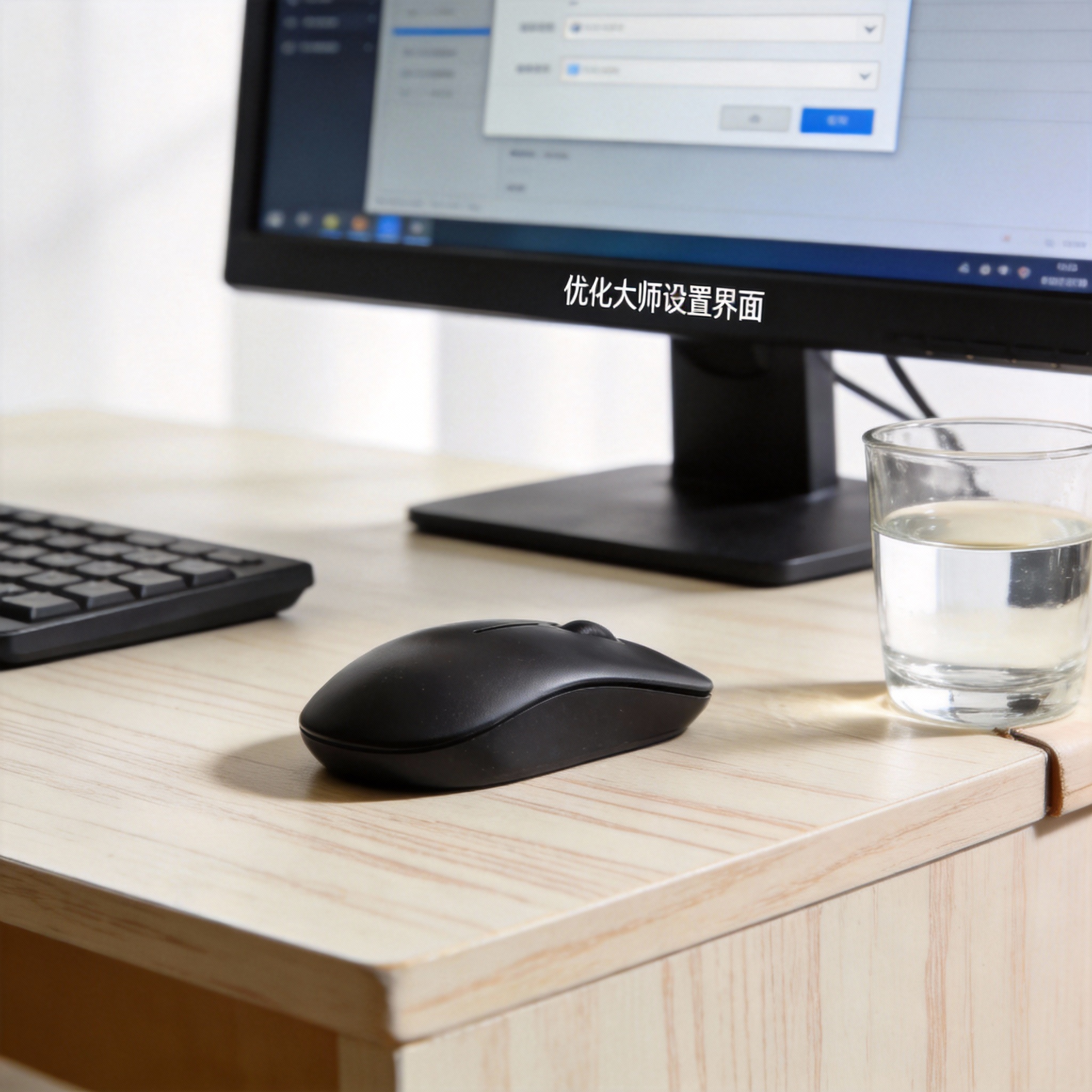 书桌上的鼠标,屏幕显示优化大师设置界面,桌角放着水杯,自然光 书桌上的鼠标,屏幕显示优化大师设置界面,桌角放着水杯,自然光