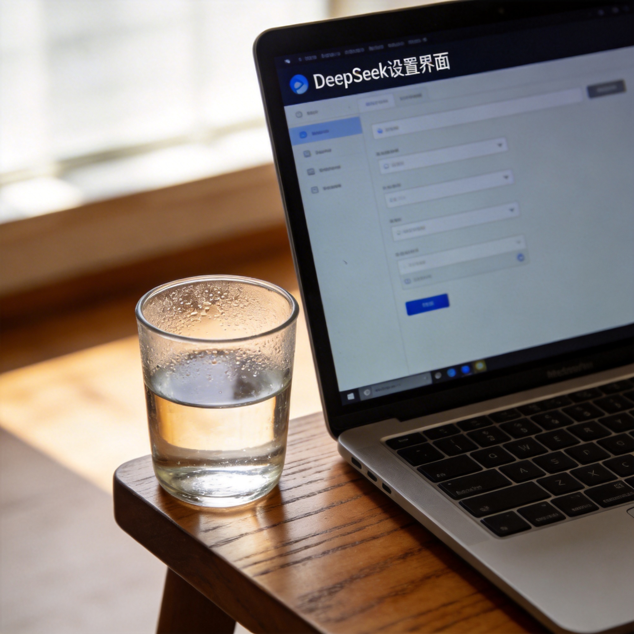 书桌上的笔记本，屏幕显示DeepSeek设置界面，桌角放着水杯，自然光