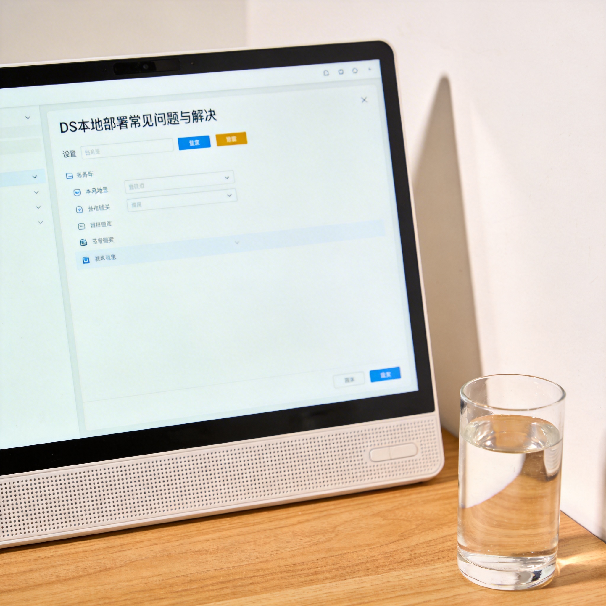 书桌上的主机，屏幕显示DS 本地部署常见问题与解决设置界面，桌角放着水杯，自然光