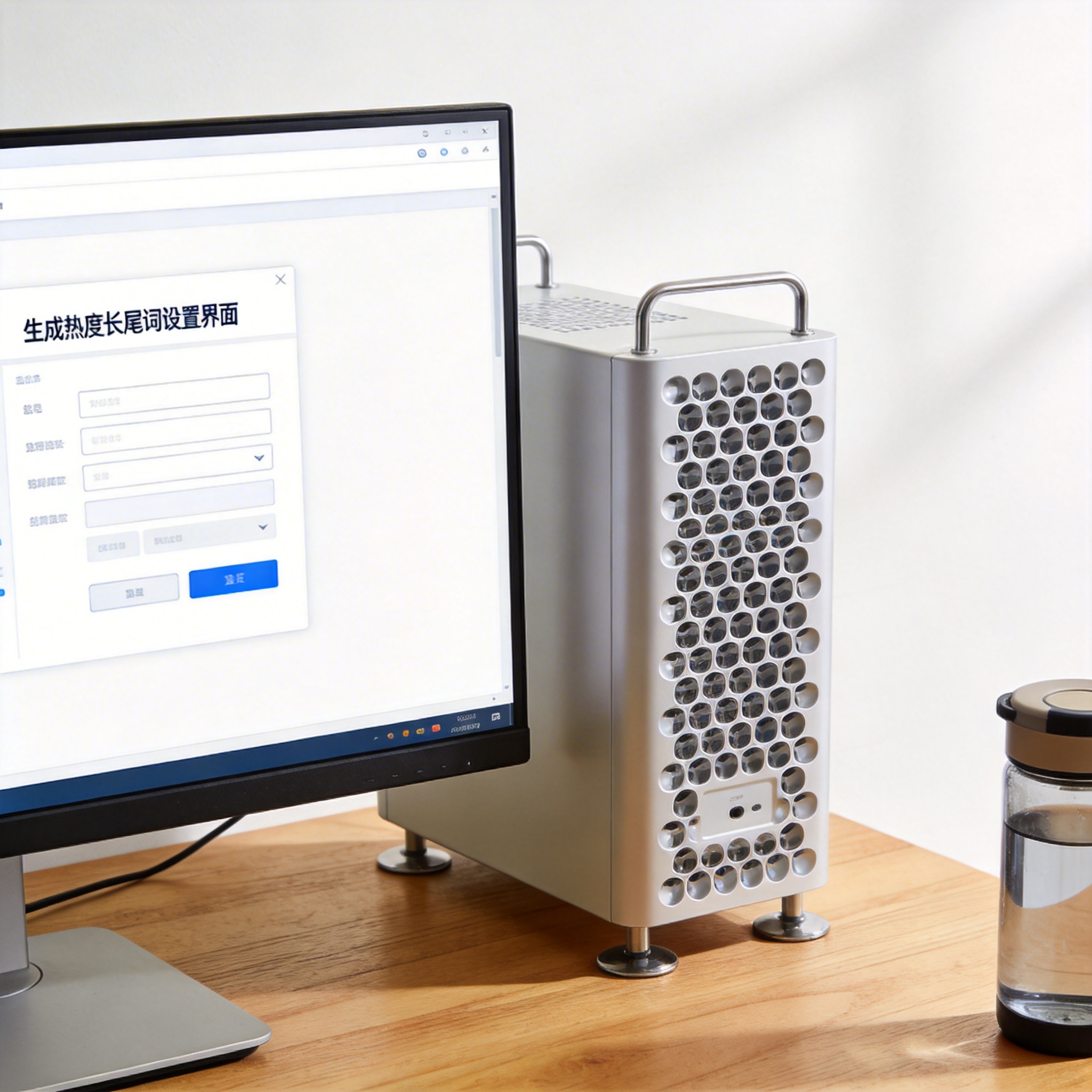 书桌上的主机，屏幕显示生成热度长尾词设置界面，桌角放着水杯，自然光