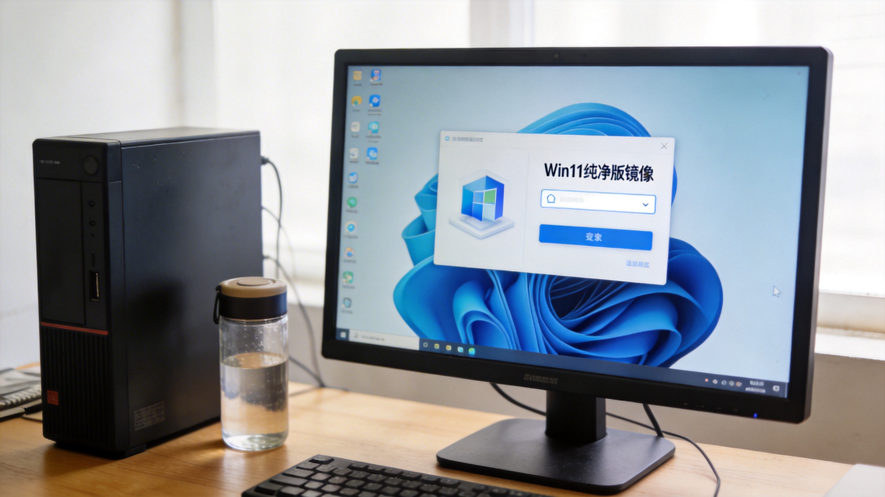 办公电脑桌的备用台式机，屏幕显示某主流远程软件主控端界面，界面上有Win11纯净版镜像选择选项，旁边放着水杯，室内自然光