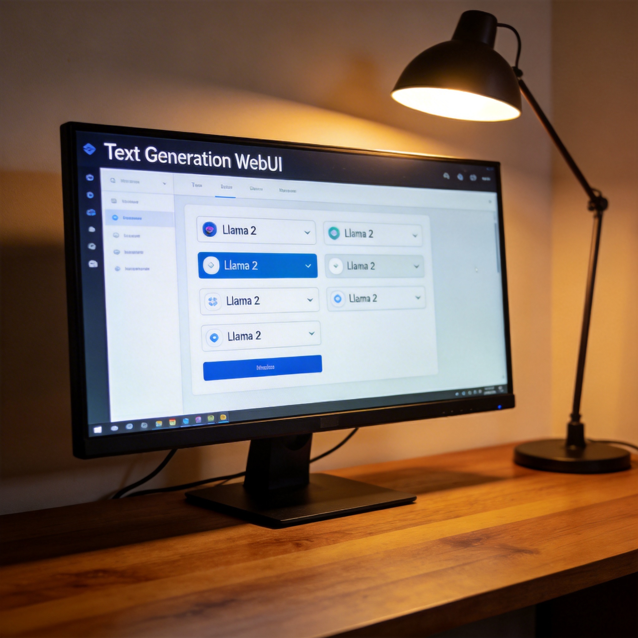 书桌上的台式机，屏幕显示Text Generation WebUI界面，界面上有Llama 2模型选择选项，台灯暖光打在桌面