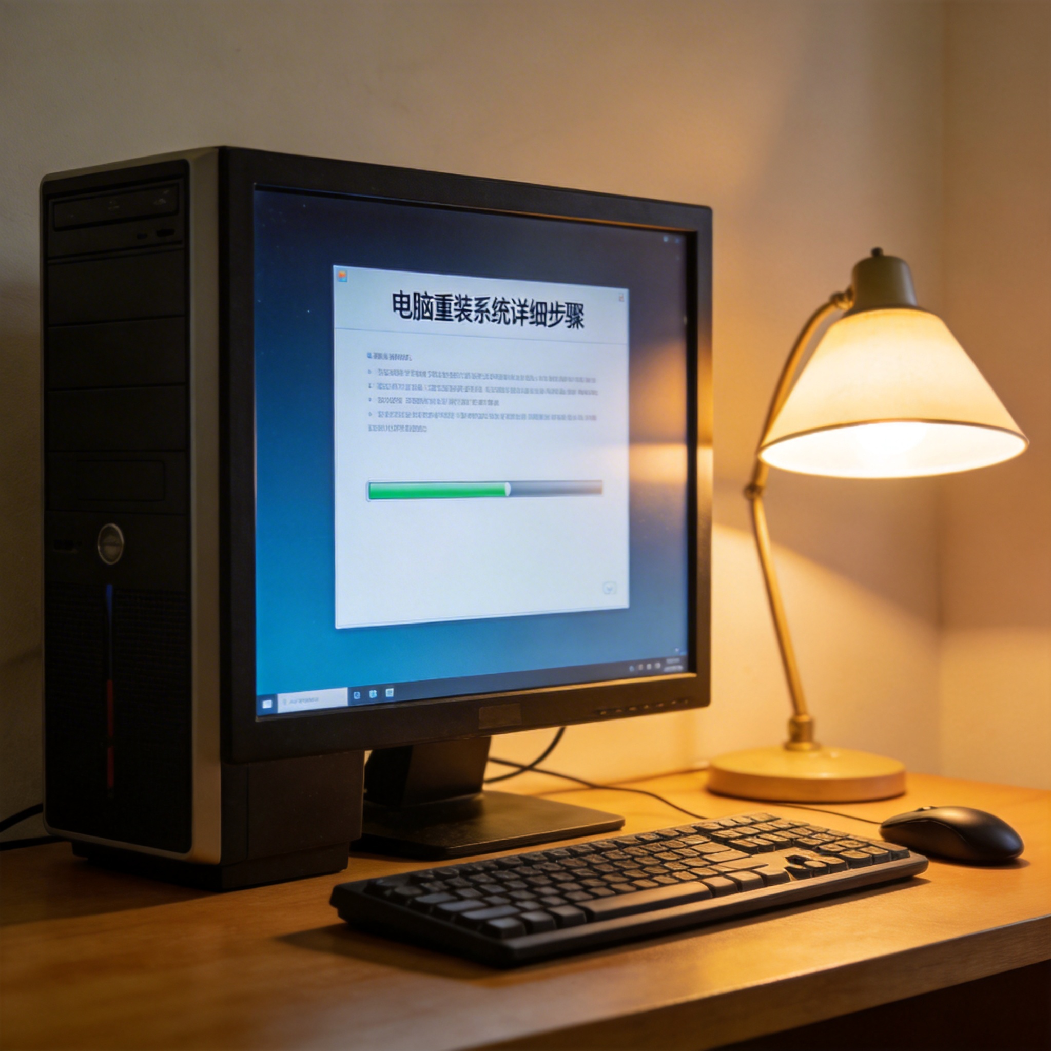 电脑桌上的台式机，屏幕显示电脑重装系统详细步骤界面，旁边放着台灯