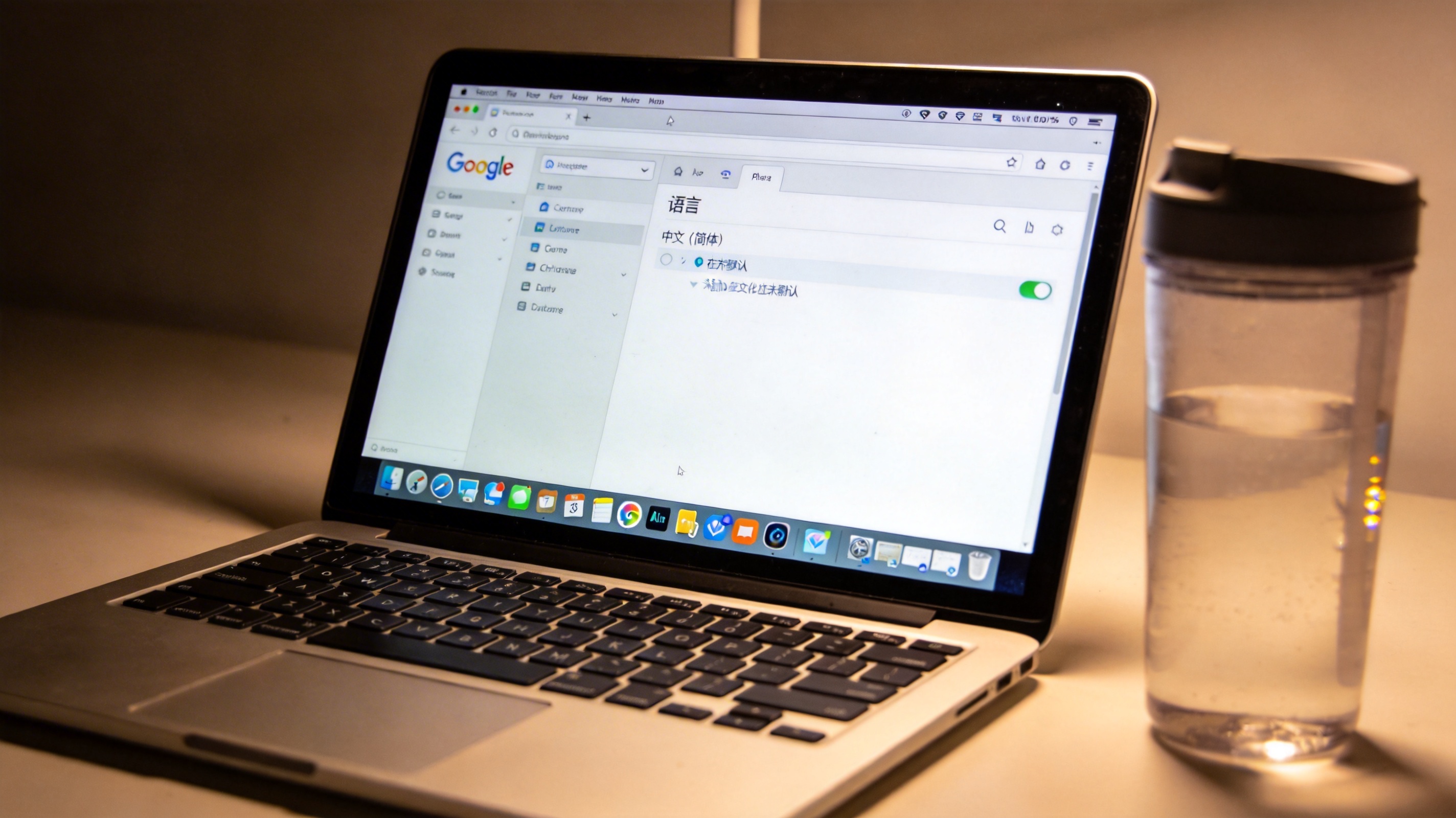 电脑屏幕显示Google Chrome浏览器的设置界面,语言选项中已添加中文并设为默认,旁边放着半透明水杯,屏幕光照明 电脑屏幕显示Google Chrome浏览器的设置界面,语言选项中已添加中文并设为默认,旁边放着半透明水杯,屏幕光照明