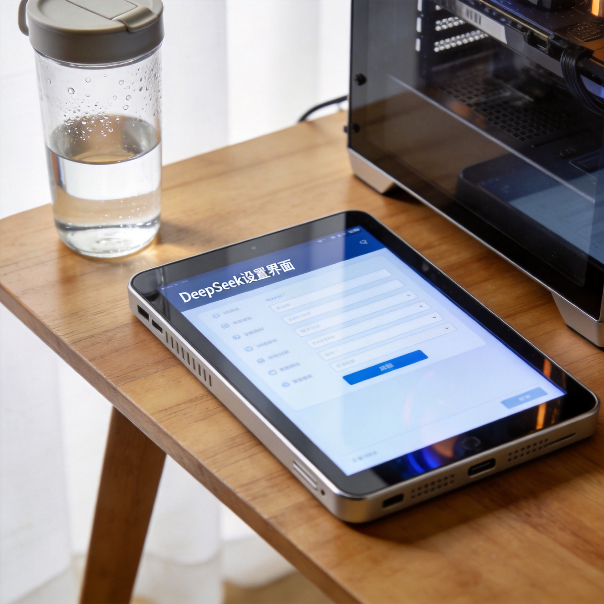 书桌上的主机，屏幕显示DeepSeek设置界面，桌角放着水杯，自然光