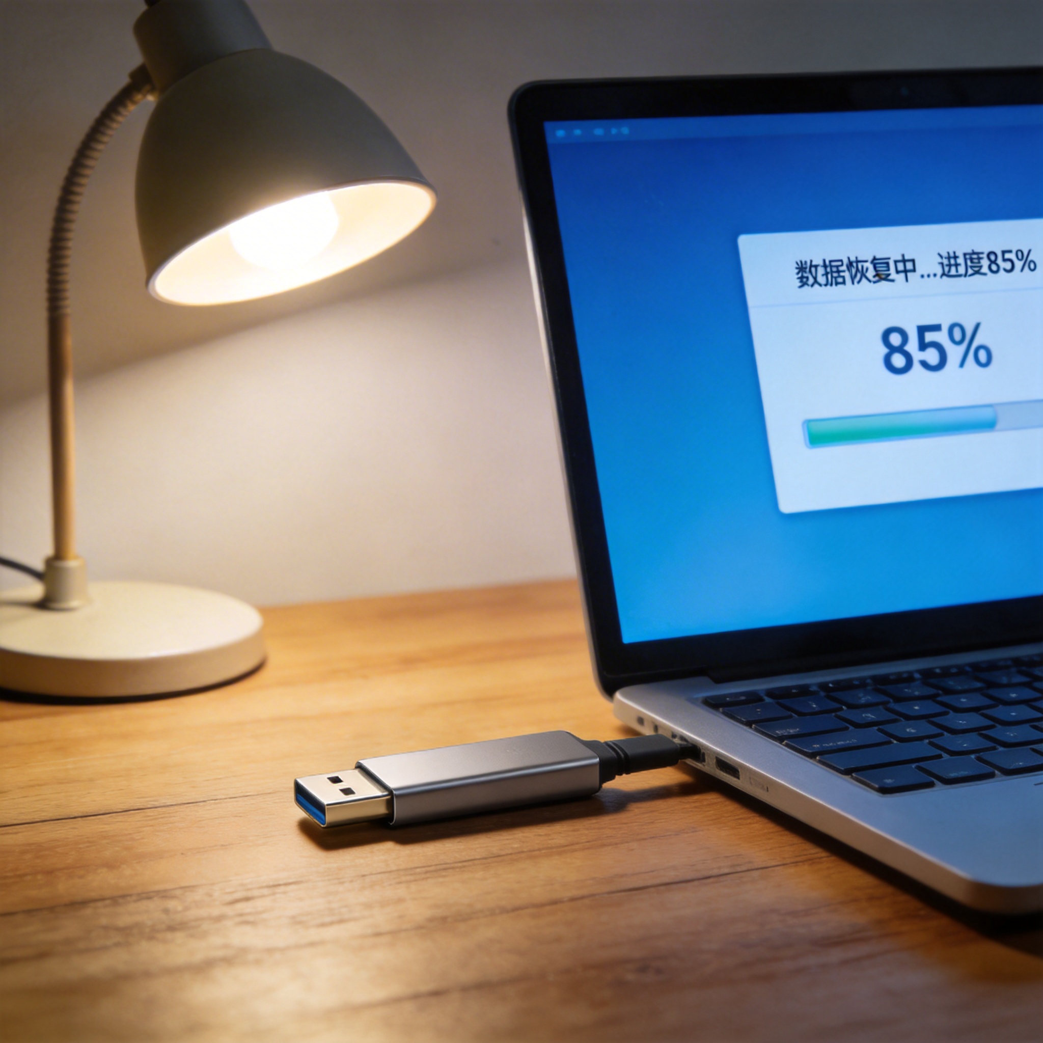 电脑桌上的U盘，屏幕显示数据恢复界面，旁边放着台灯