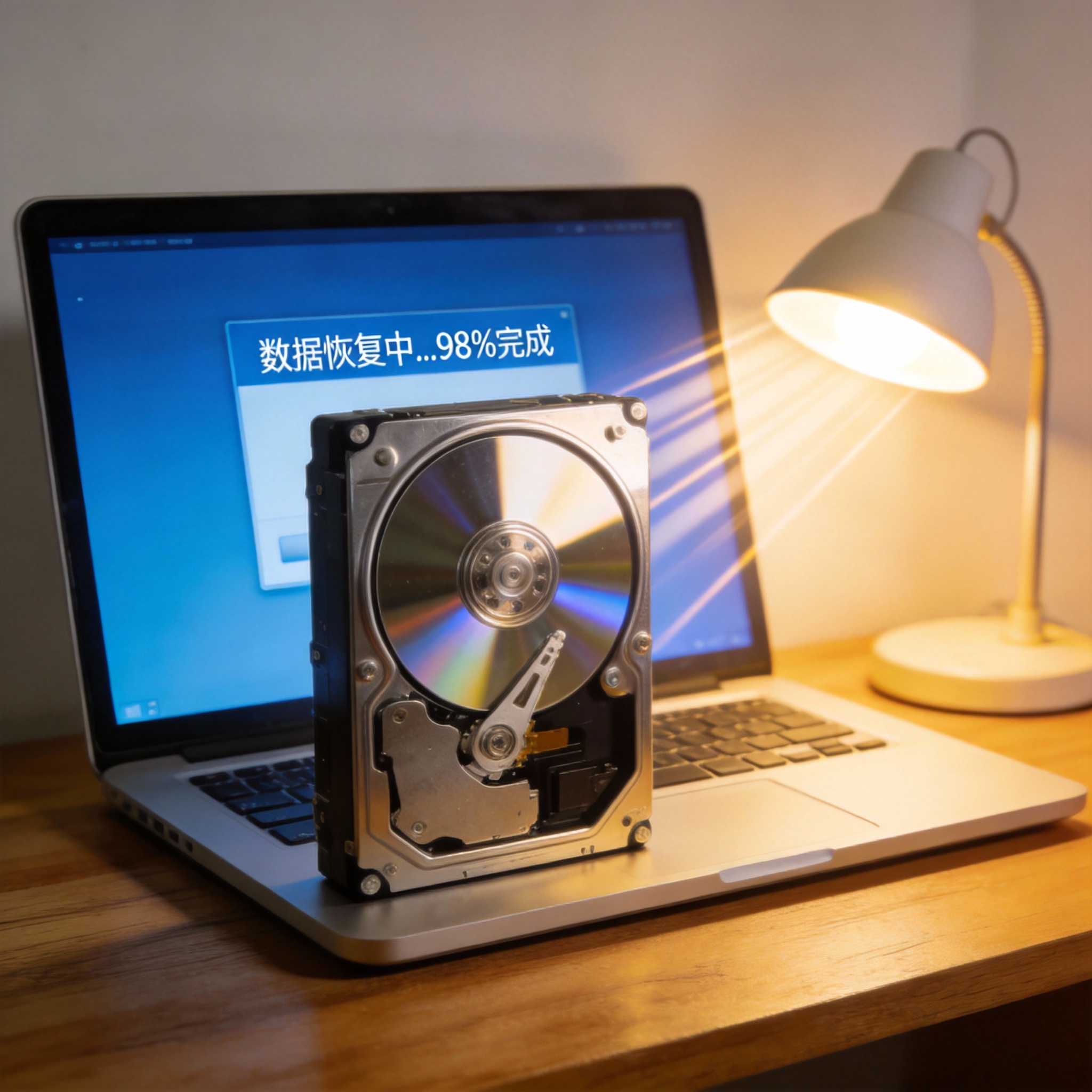 电脑桌上的硬盘，屏幕显示数据恢复界面，旁边放着台灯