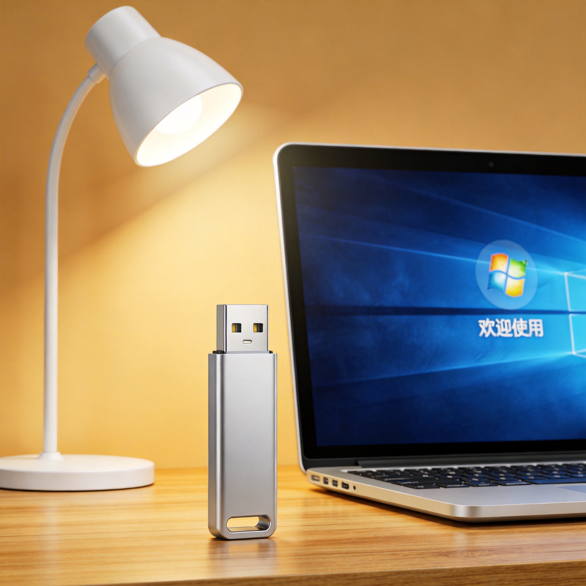 电脑桌上的U盘，屏幕显示Windows界面，旁边放着台灯