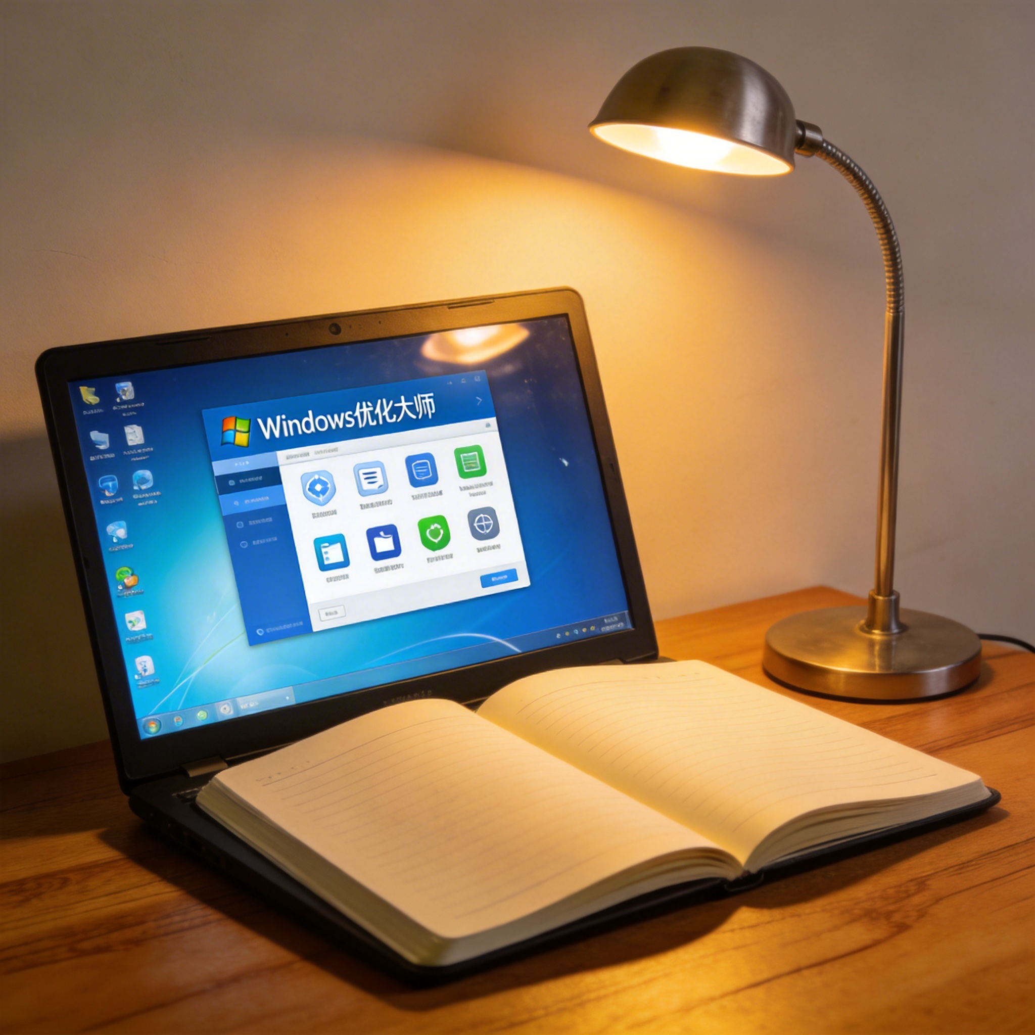 电脑桌上的笔记本,屏幕显示优化大师桌面,旁边放着台灯 电脑桌上的笔记本,屏幕显示优化大师桌面,旁边放着台灯