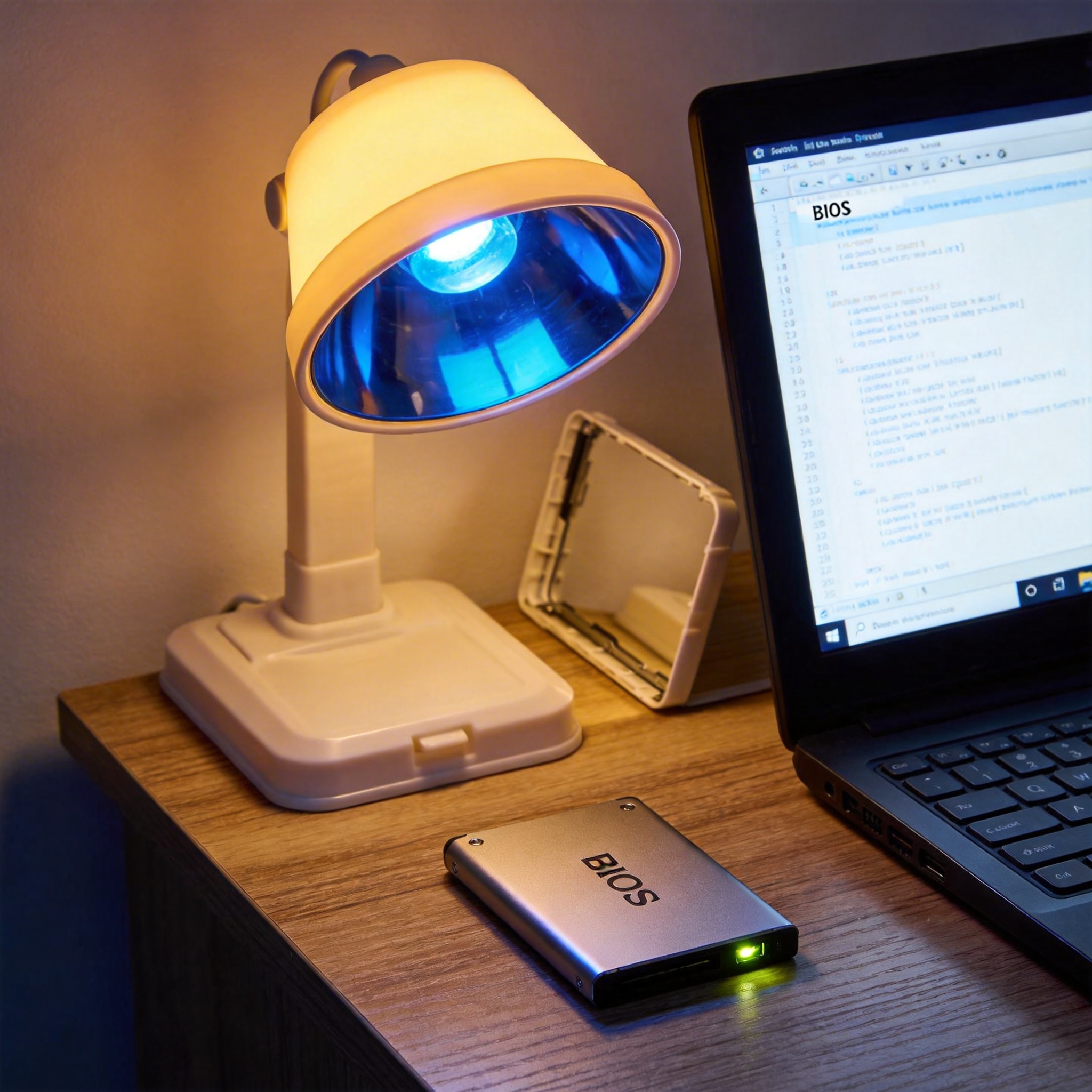 电脑桌上的移动硬盘，屏幕显示BIOS界面，旁边放着台灯