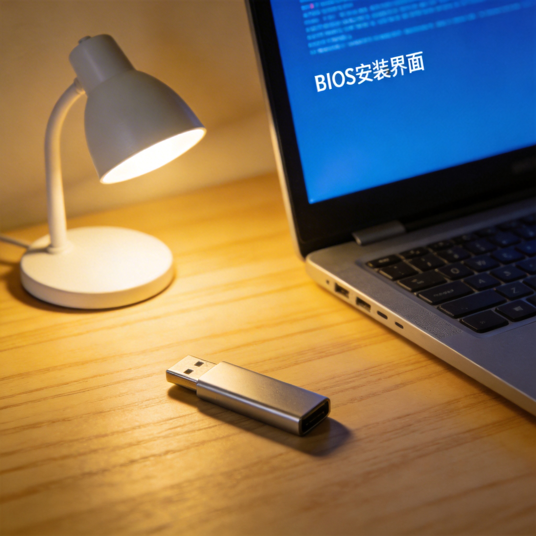 电脑桌上的U盘，屏幕显示BIOS安装界面，旁边放着台灯