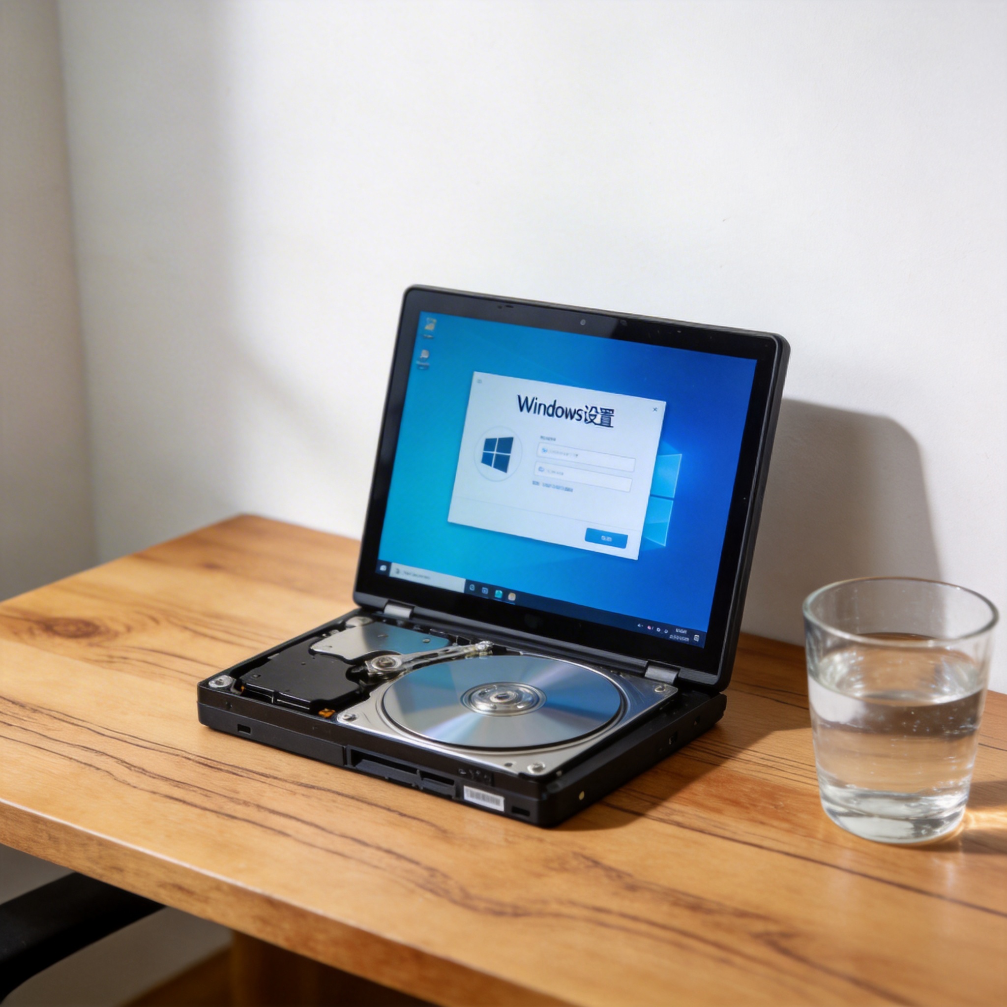 书桌上的硬盘，屏幕显示Windows设置界面，桌角放着水杯，自然光