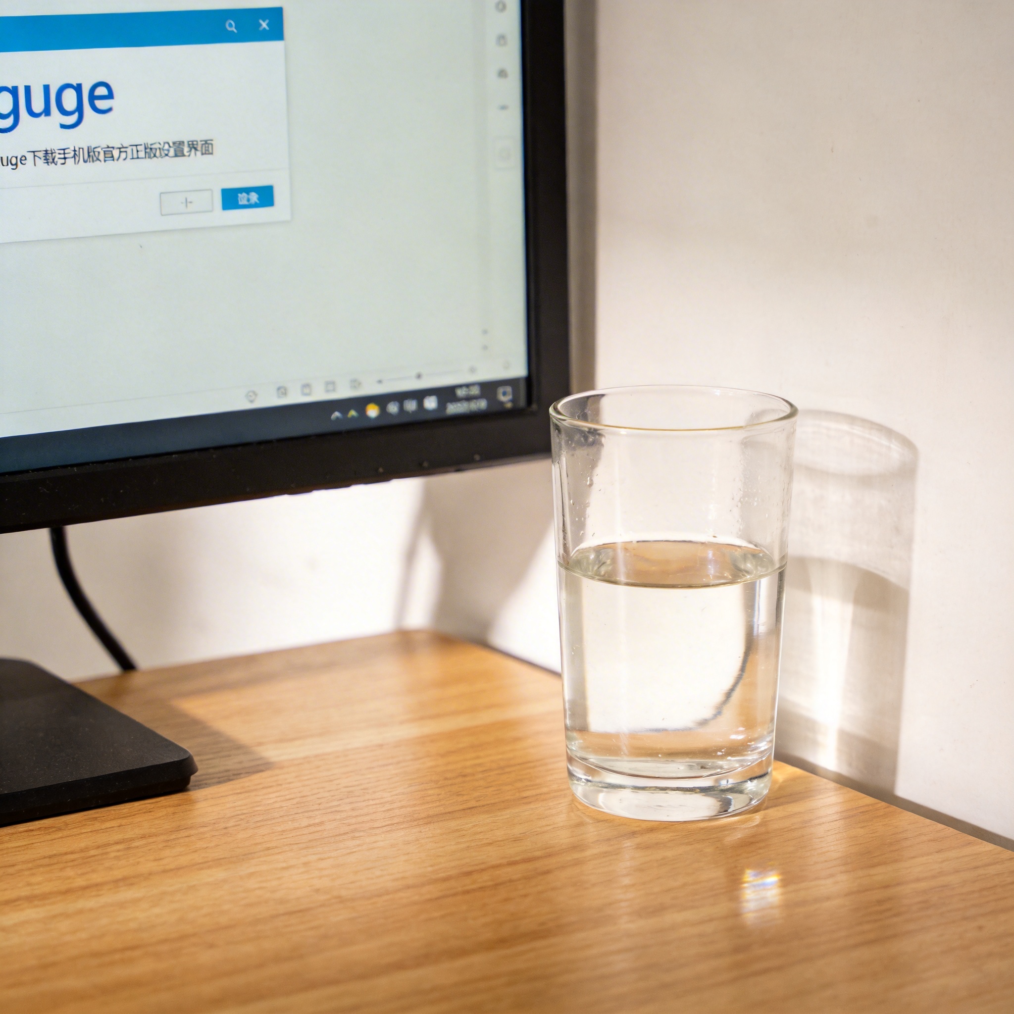 书桌上的主机,屏幕显示guge 下载手机版官方正版设置界面,桌角放着水杯,自然光 书桌上的主机,屏幕显示guge 下载手机版官方正版设置界面,桌角放着水杯,自然光