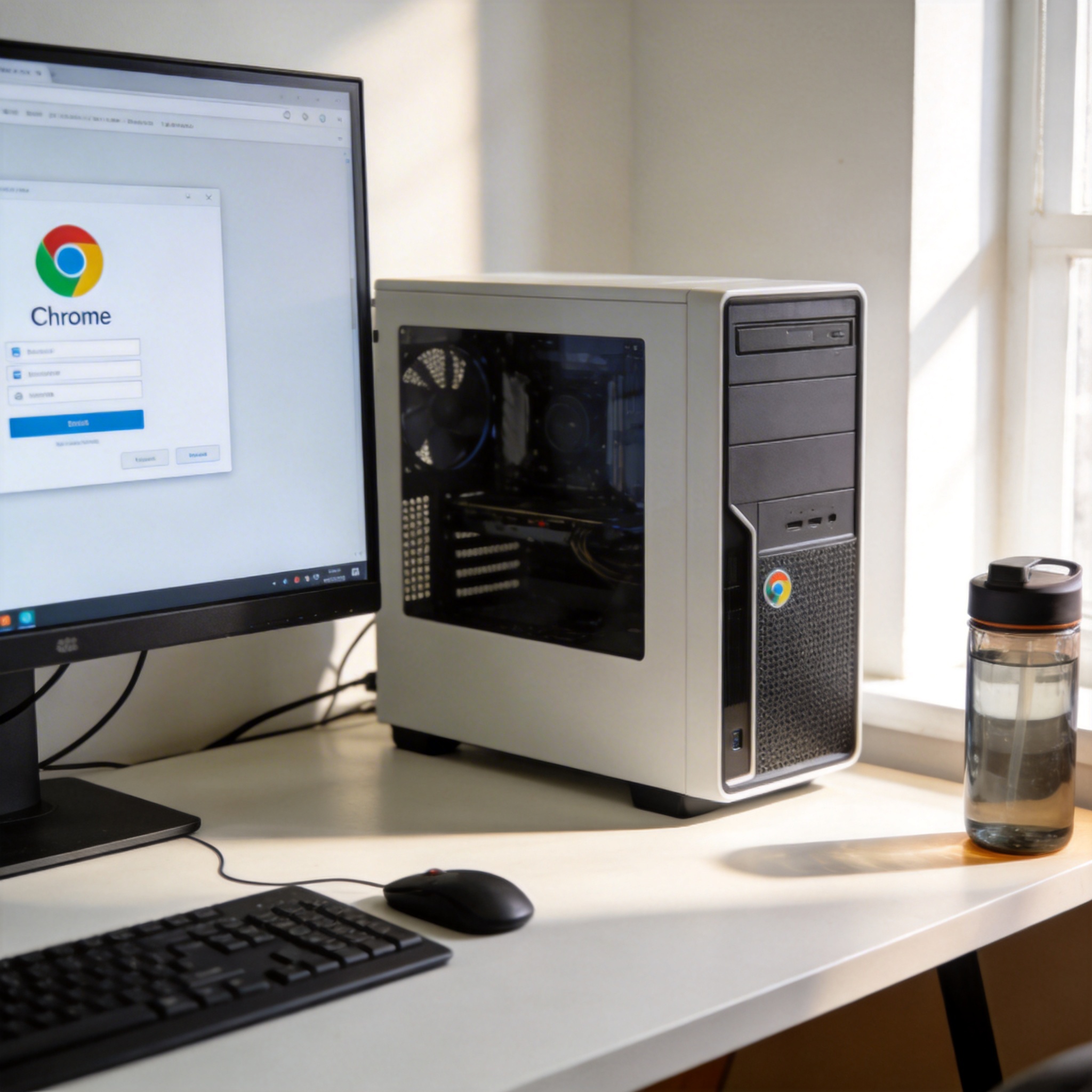 书桌上的主机，屏幕显示Chrome设置界面，桌角放着水杯，自然光
