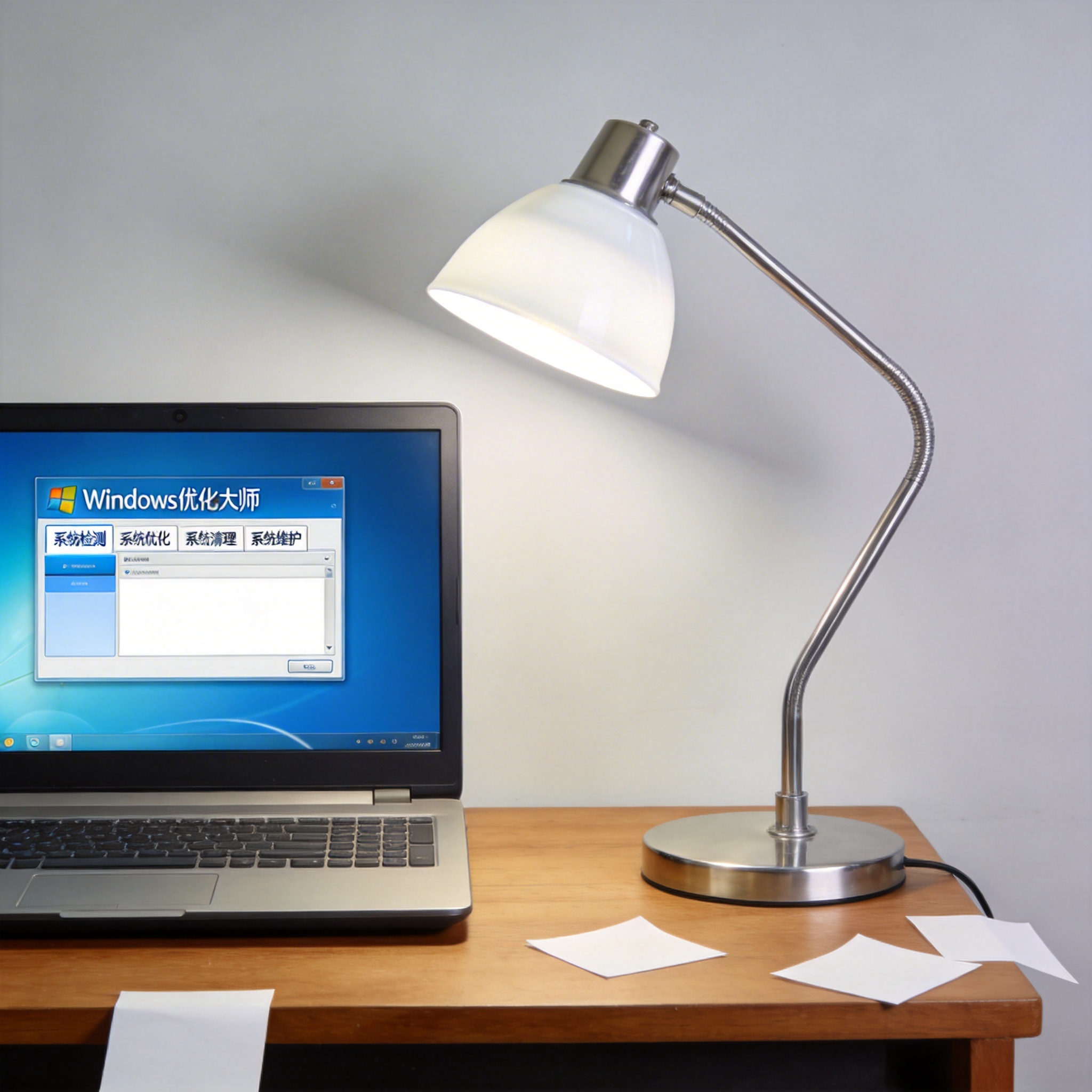 电脑桌上的电脑，屏幕显示优化大师窗口，旁边放着台灯