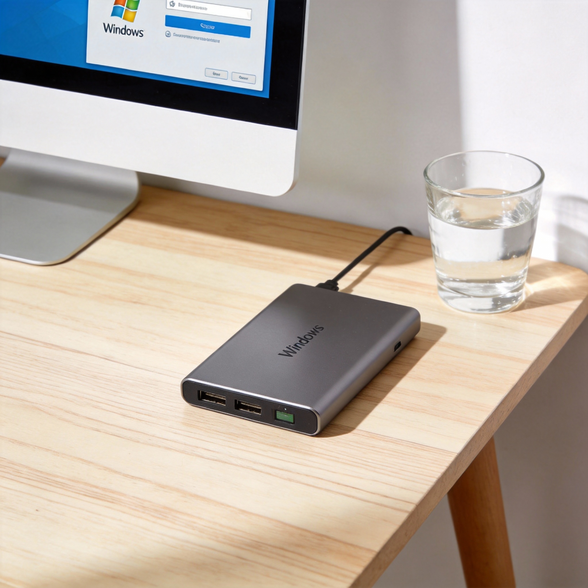 书桌上的移动硬盘,屏幕显示Windows设置界面,桌角放着水杯,自然光 书桌上的移动硬盘,屏幕显示Windows设置界面,桌角放着水杯,自然光