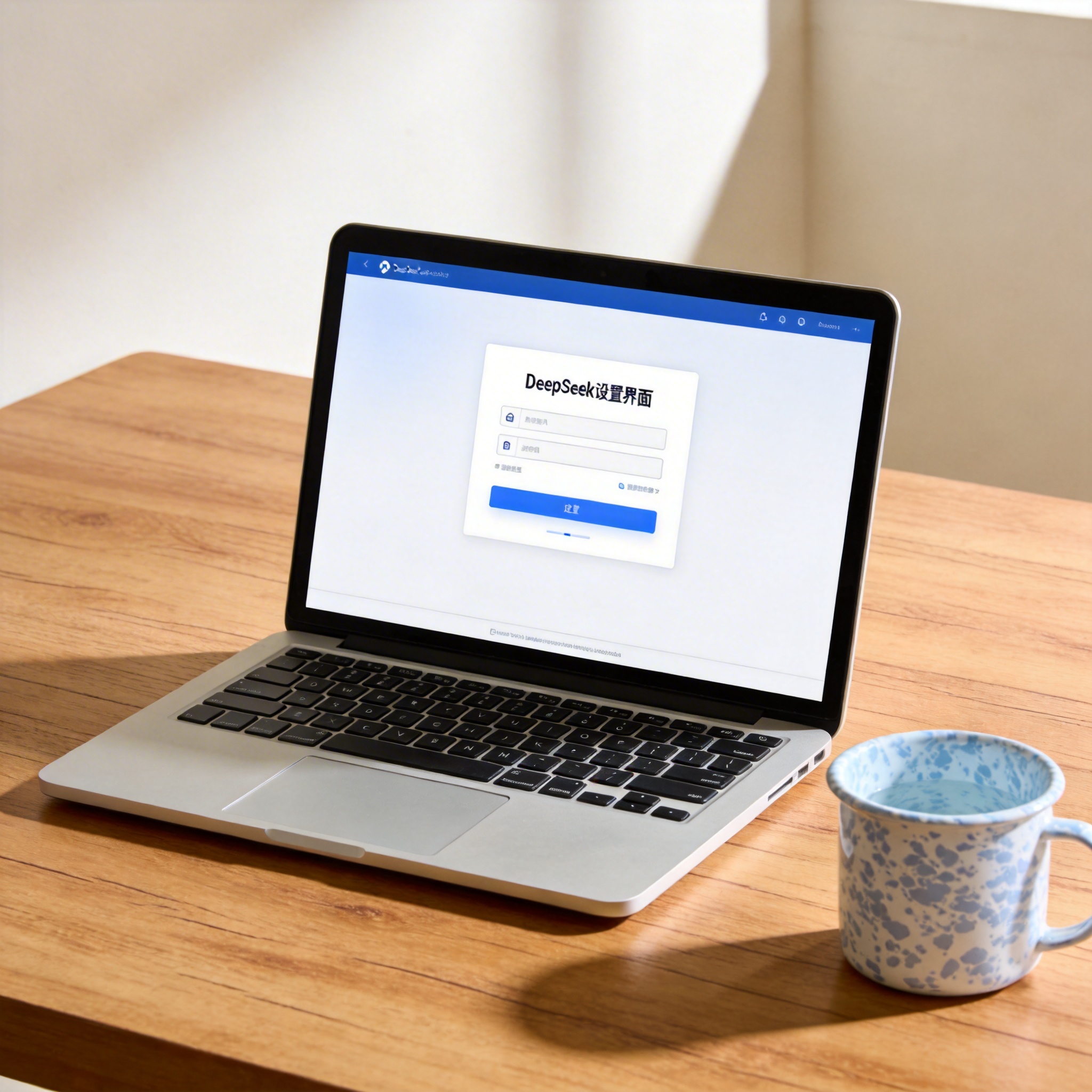 书桌上的笔记本，屏幕显示DeepSeek设置界面，桌角放着水杯，自然光