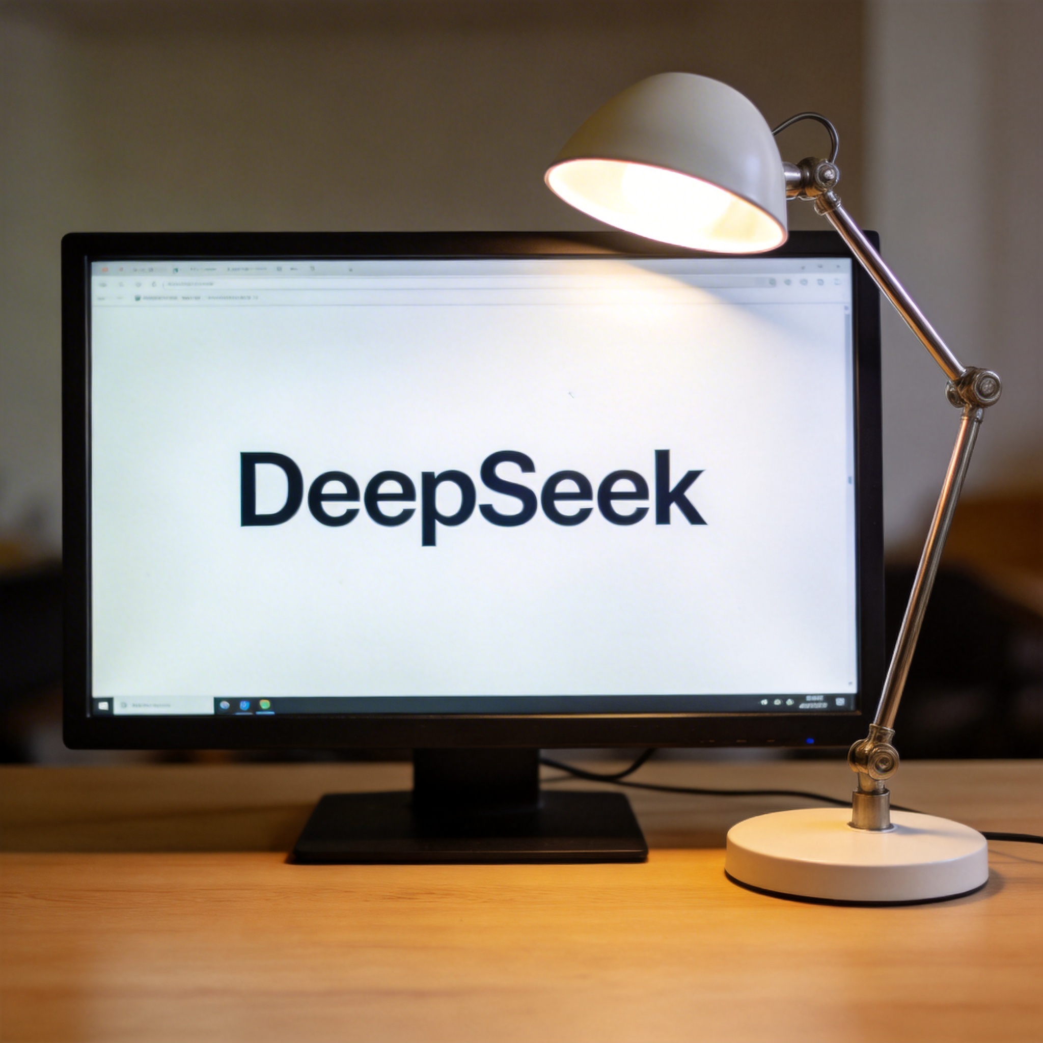 电脑桌上的屏幕，屏幕显示DeepSeek屏幕，旁边放着台灯