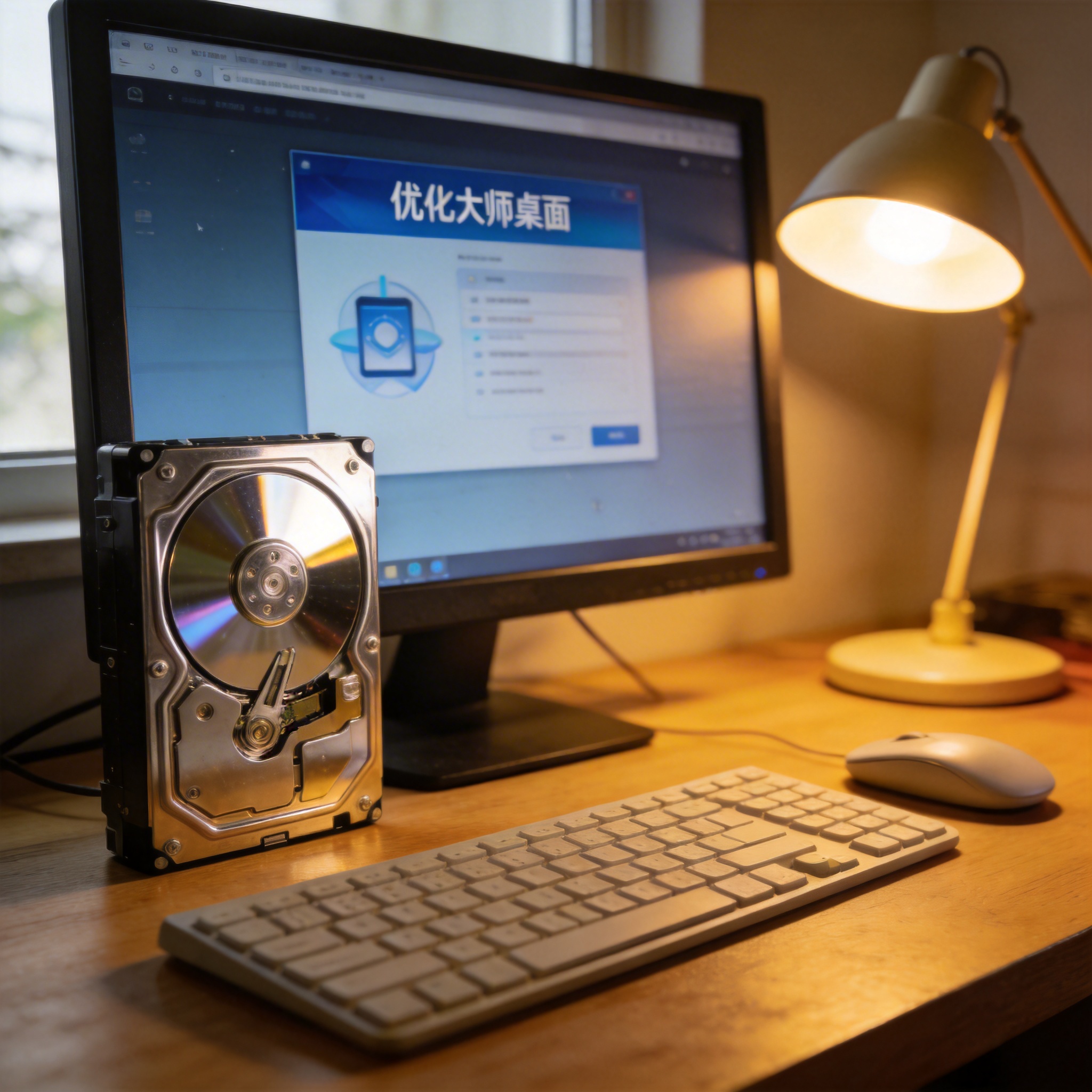 电脑桌上的硬盘，屏幕显示优化大师桌面，旁边放着台灯