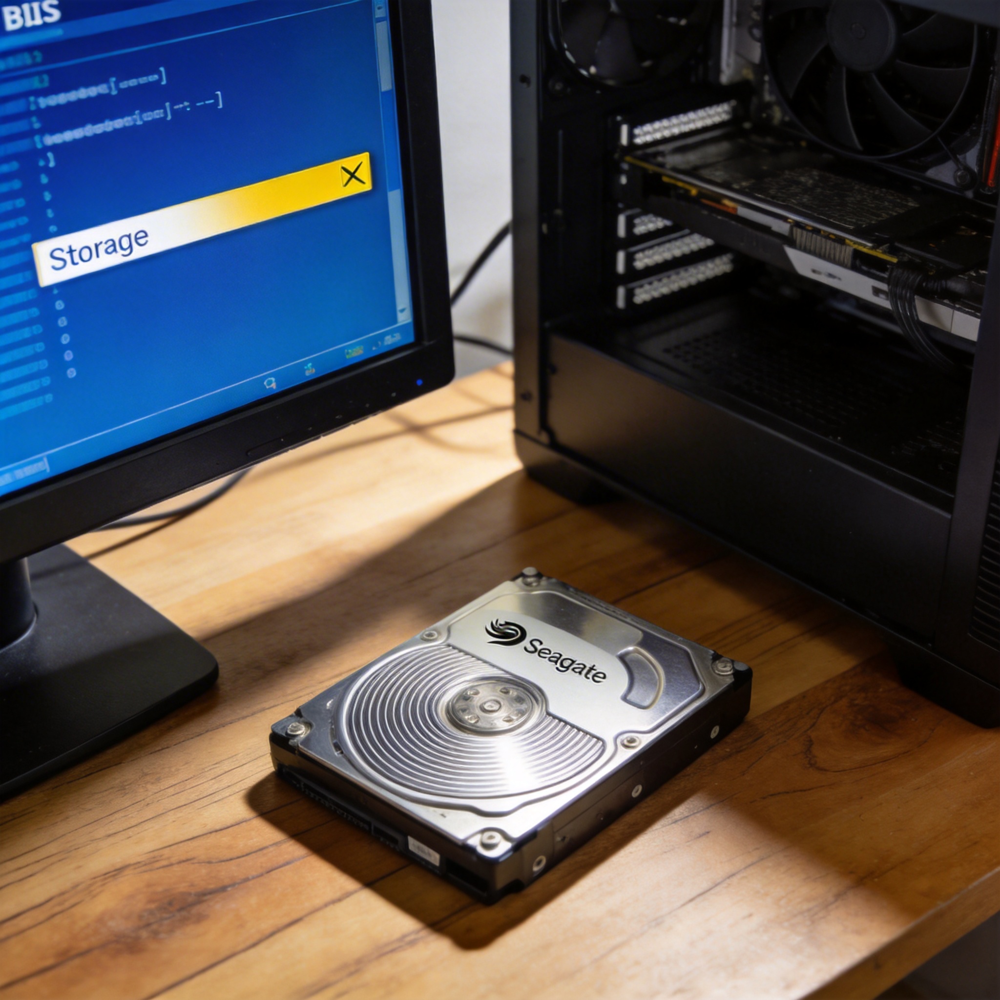 电脑桌上的台式机,屏幕显示BIOS设置界面,光标停在Storage选项上,机箱旁放着希捷机械硬盘,室内自然光 电脑桌上的台式机,屏幕显示BIOS设置界面,光标停在Storage选项上,机箱旁放着希捷机械硬盘,室内自然光