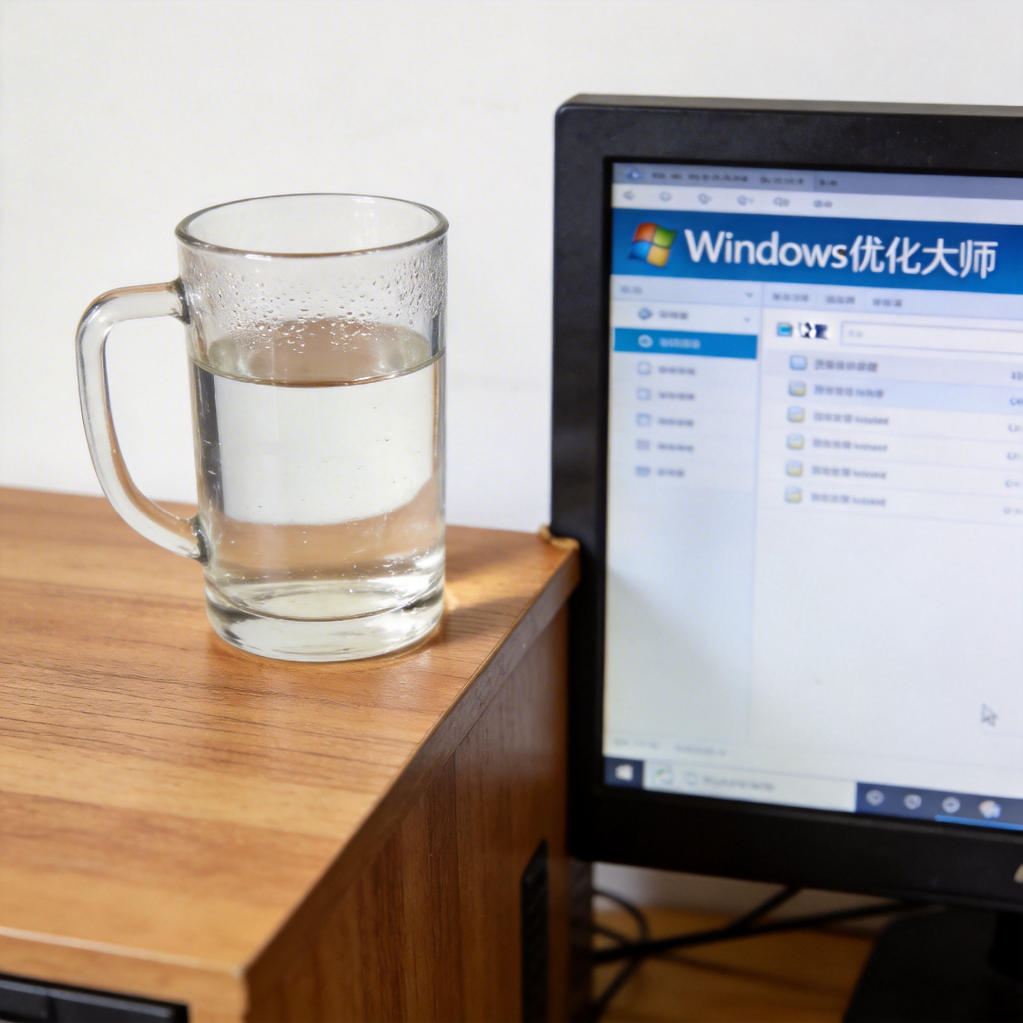 书桌上的主机，屏幕显示优化大师设置界面，桌角放着水杯，自然光