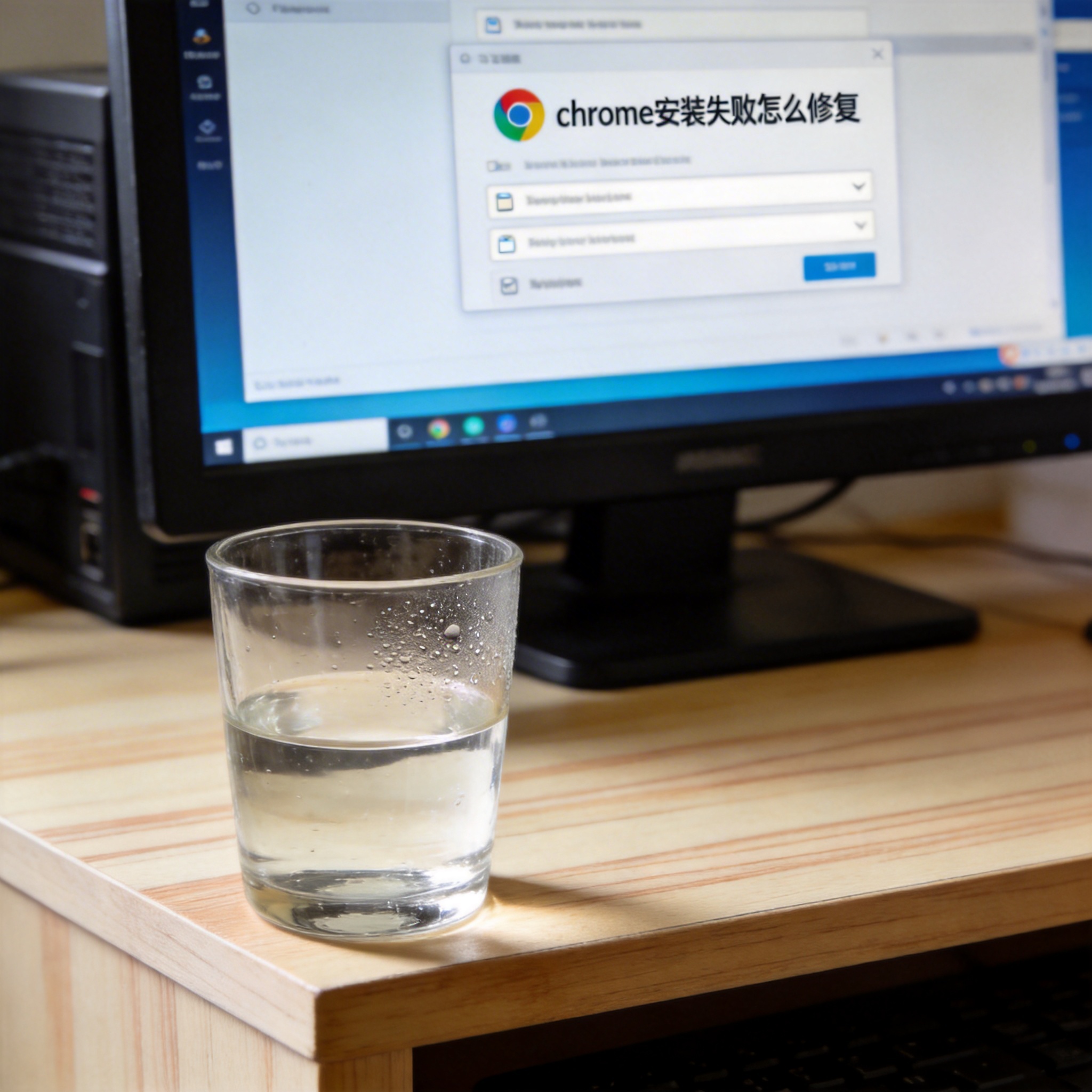 书桌上的主机，屏幕显示chrome 安装失败怎么修复设置界面，桌角放着水杯，自然光