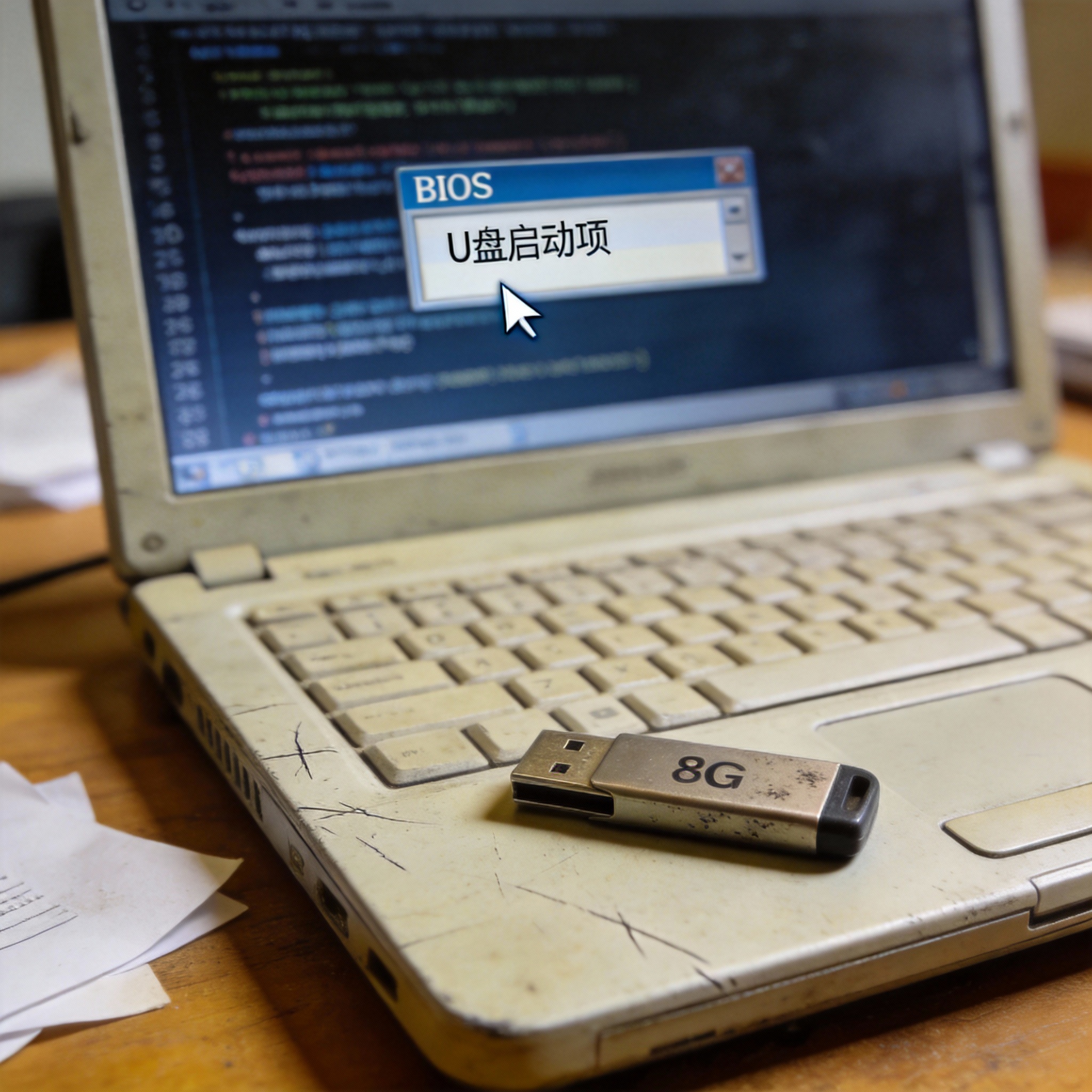 书桌上的旧笔记本电脑,屏幕显示BIOS设置界面,光标在U盘启动项选项上,旁边放着8G容量U盘,室内自然光 书桌上的旧笔记本电脑,屏幕显示BIOS设置界面,光标在U盘启动项选项上,旁边放着8G容量U盘,室内自然光