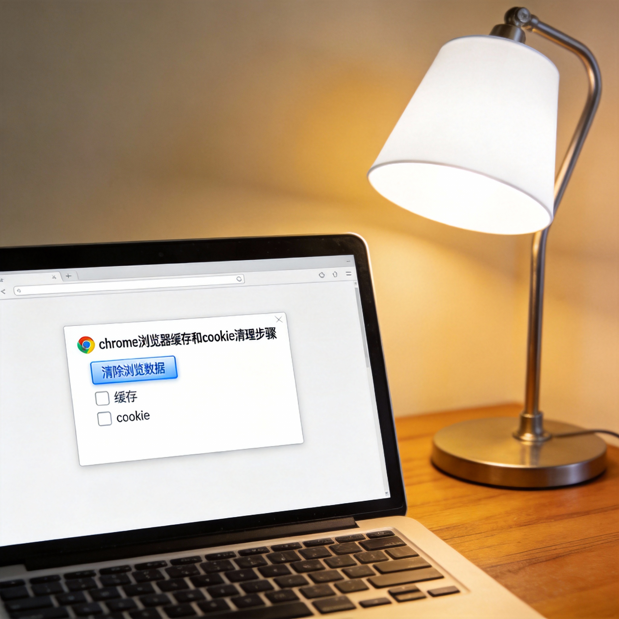 电脑桌上的电脑，屏幕显示chrome 浏览器缓存和 cookie 清理步骤窗口，旁边放着台灯