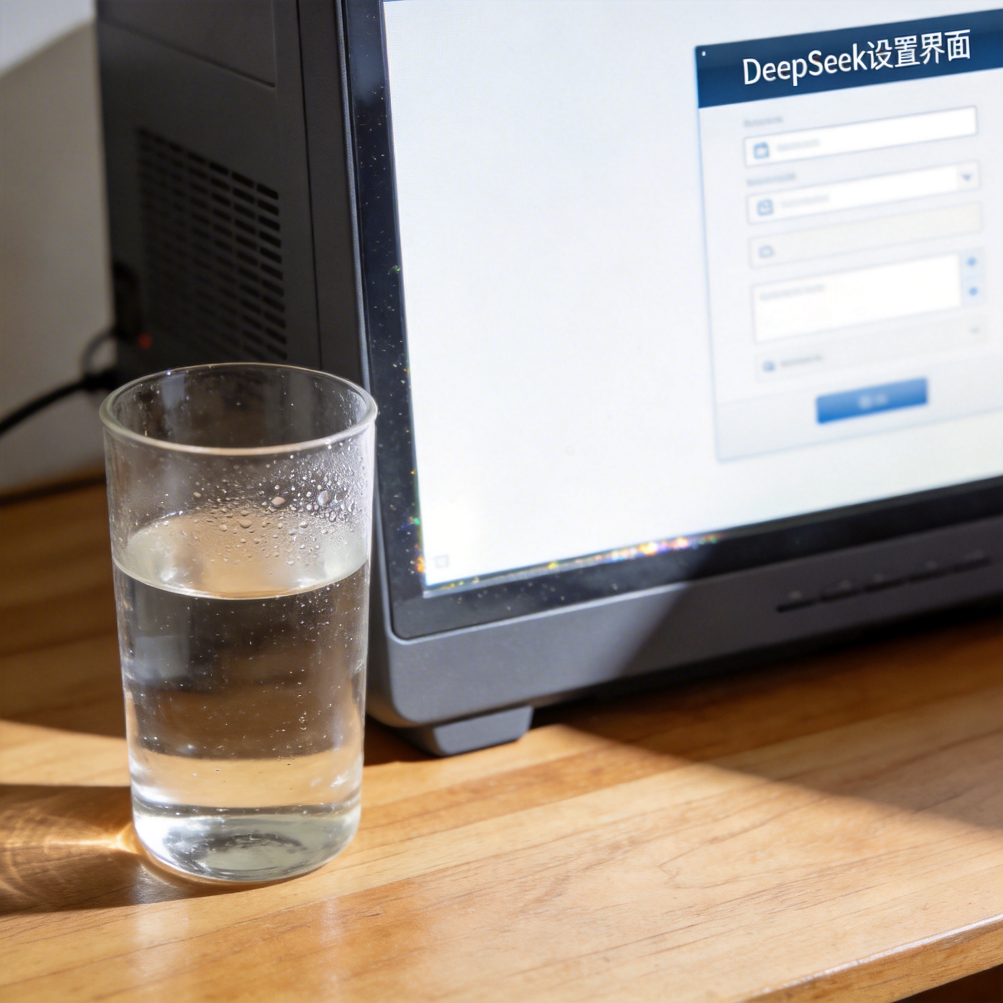 书桌上的主机，屏幕显示DeepSeek设置界面，桌角放着水杯，自然光