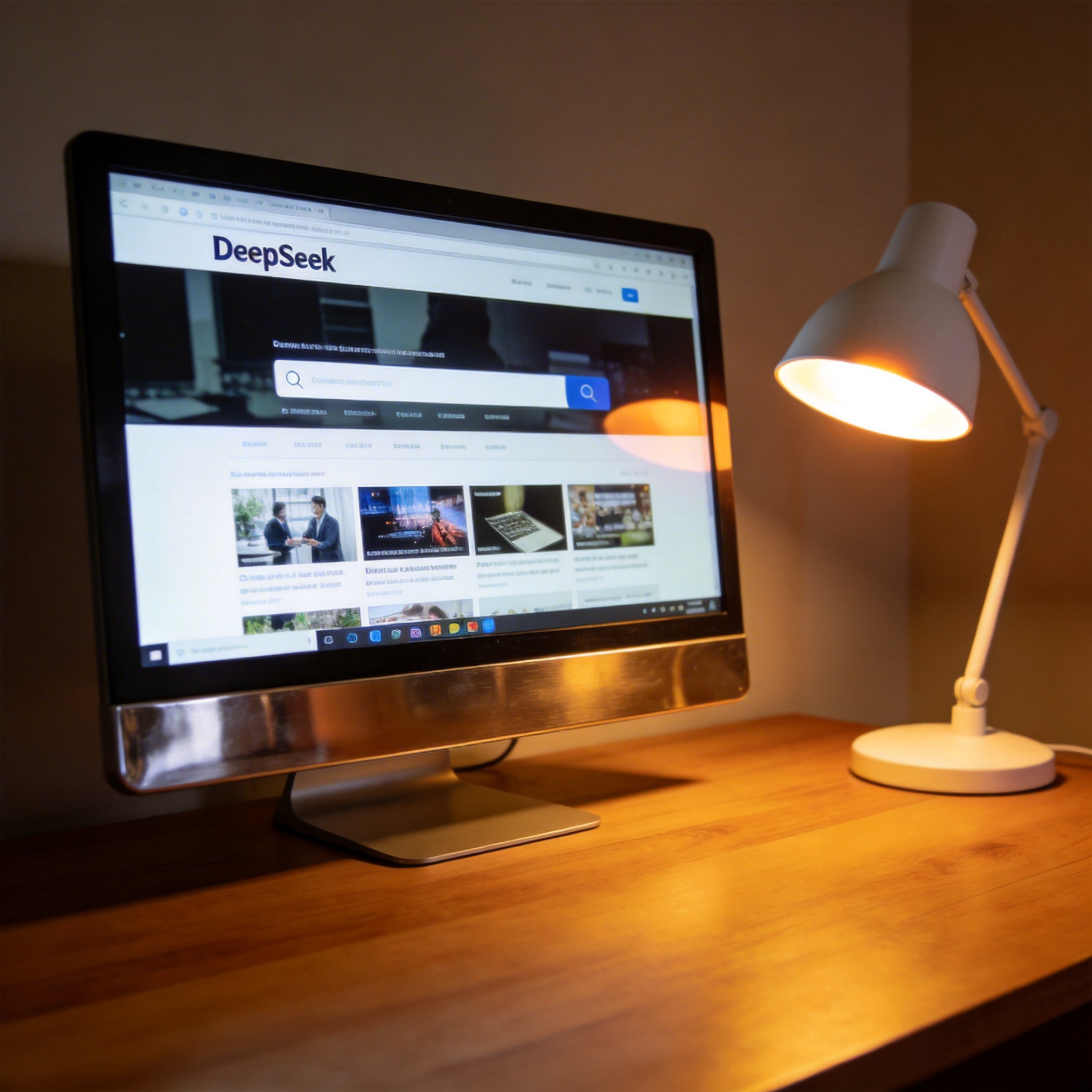 电脑桌上的电脑，屏幕显示DeepSeek界面，旁边放着台灯