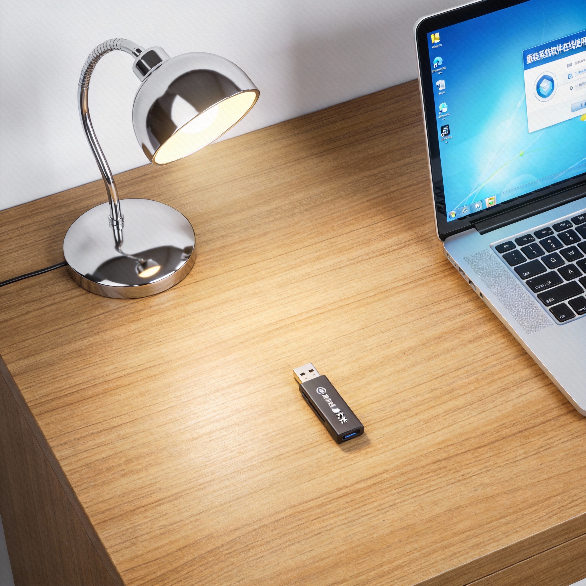 电脑桌上的U盘,屏幕显示重装系统软件在线使用方法桌面,旁边放着台灯 电脑桌上的U盘,屏幕显示重装系统软件在线使用方法桌面,旁边放着台灯