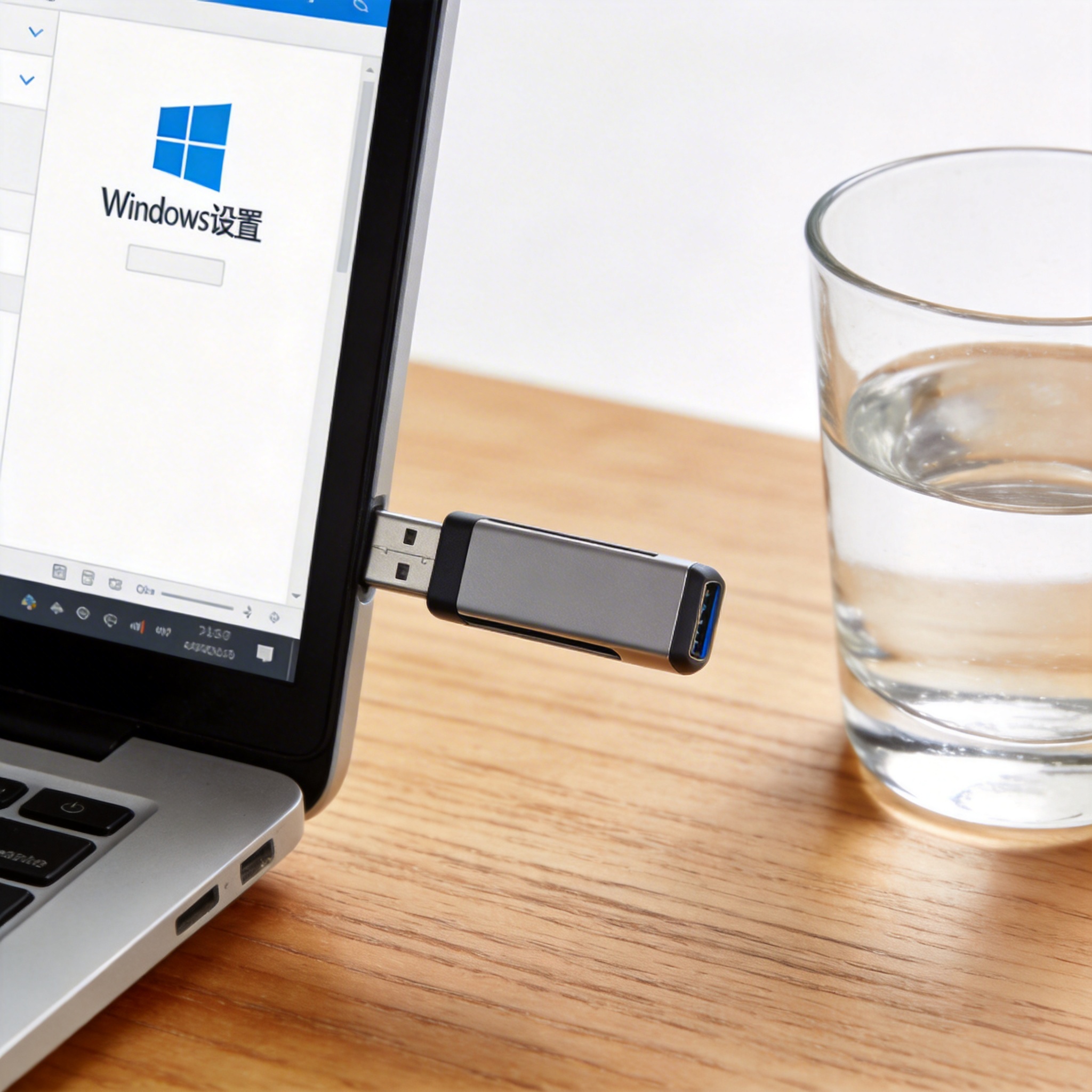 书桌上的U盘,屏幕显示Windows设置界面,桌角放着水杯,自然光 书桌上的U盘,屏幕显示Windows设置界面,桌角放着水杯,自然光