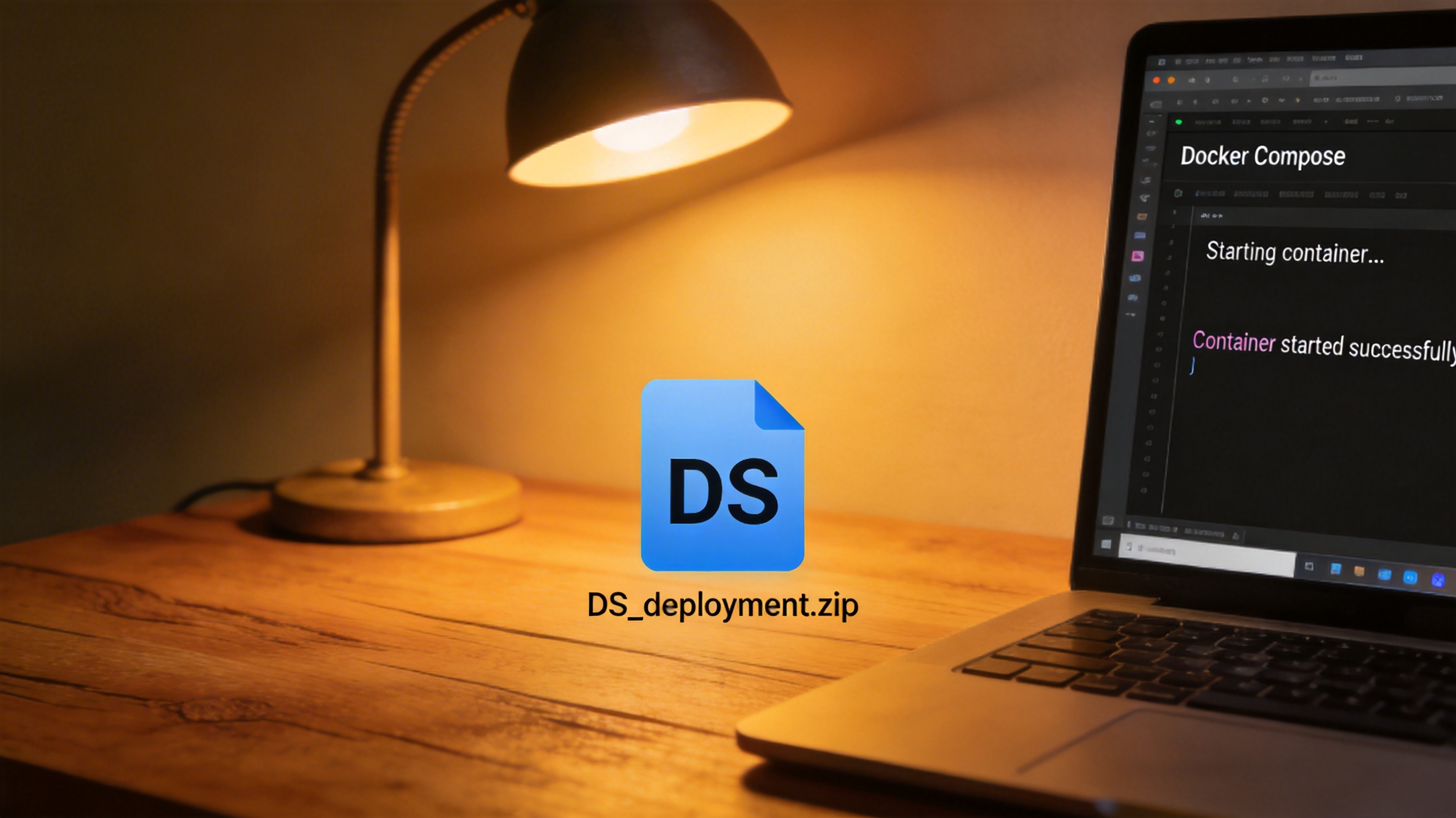 书桌上的电脑，屏幕显示Docker Compose的容器启动日志界面，旁边放着DS部署压缩包图标，台灯暖光照射桌面