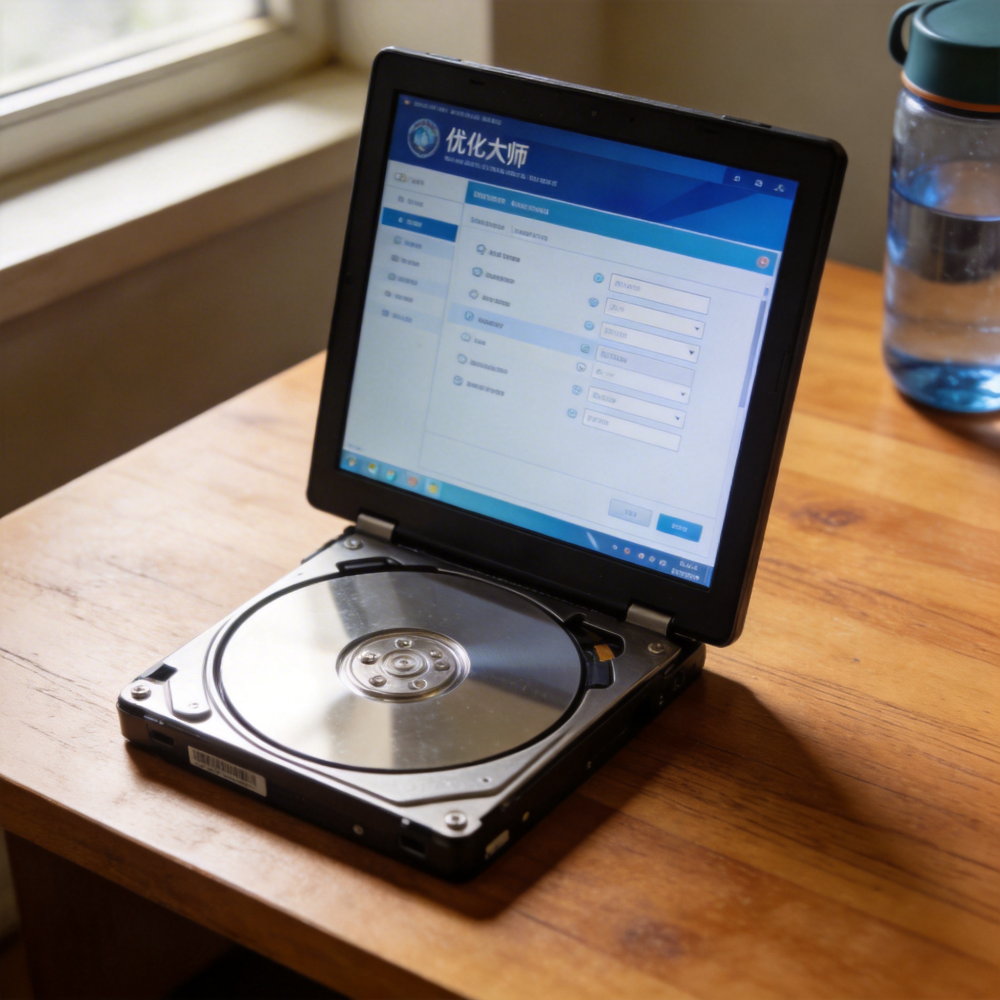书桌上的硬盘，屏幕显示优化大师设置界面，桌角放着水杯，自然光