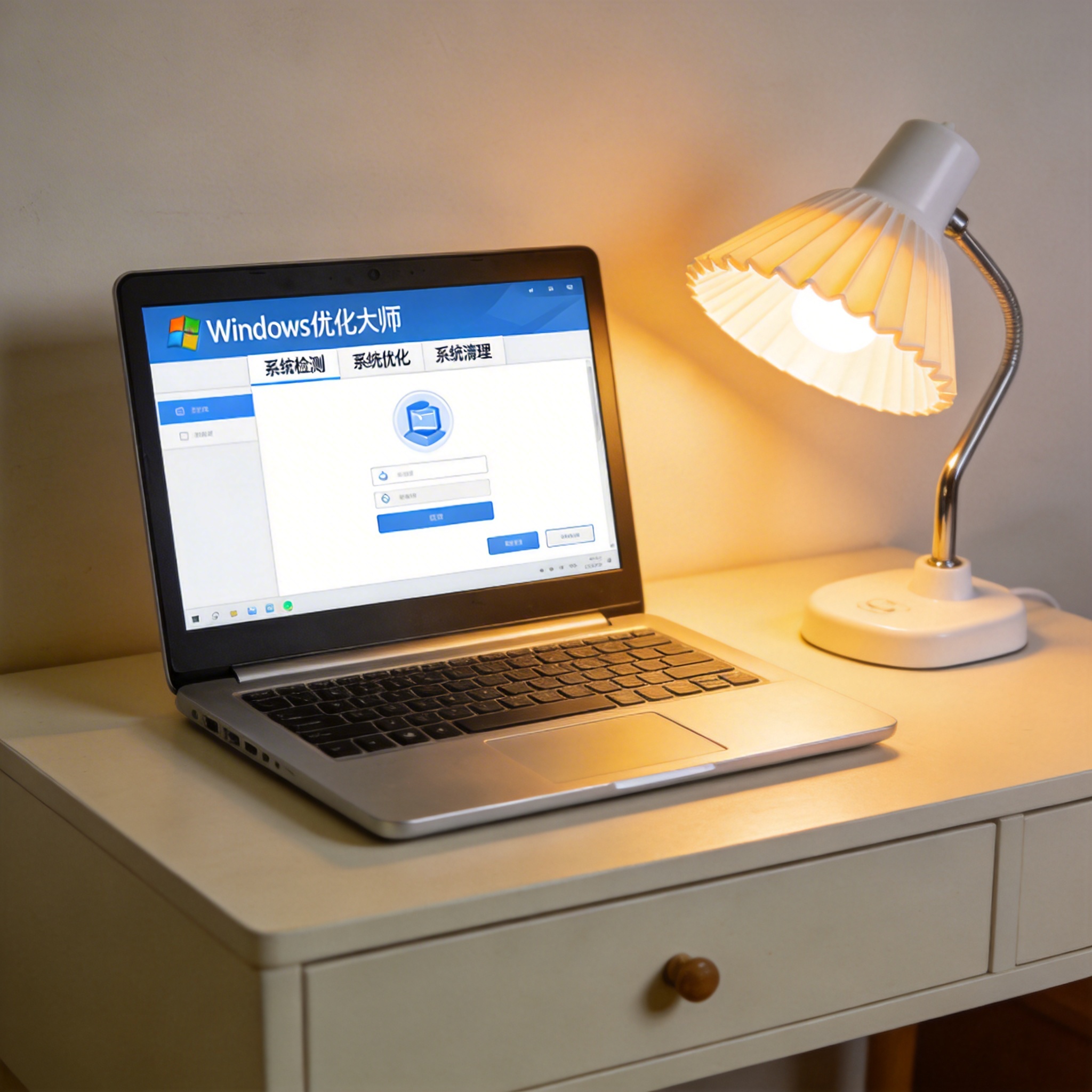 电脑桌上的电脑,屏幕显示优化大师界面,旁边放着台灯 电脑桌上的电脑,屏幕显示优化大师界面,旁边放着台灯