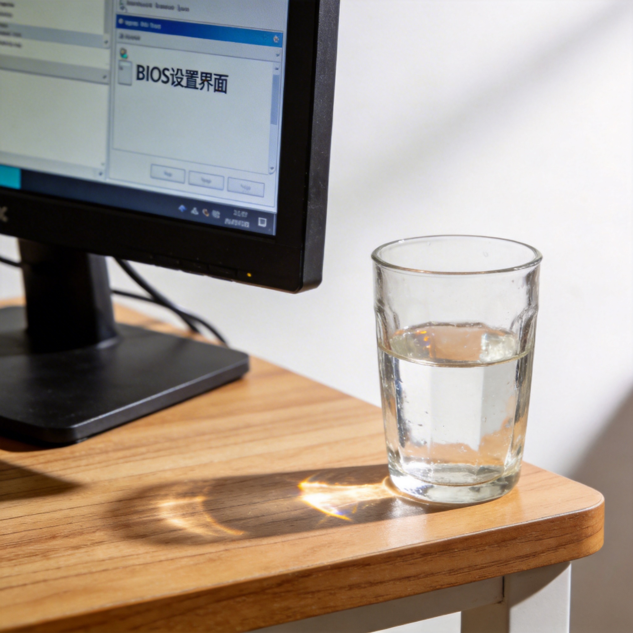 书桌上的电脑，屏幕显示BIOS设置界面，桌角放着水杯，自然光
