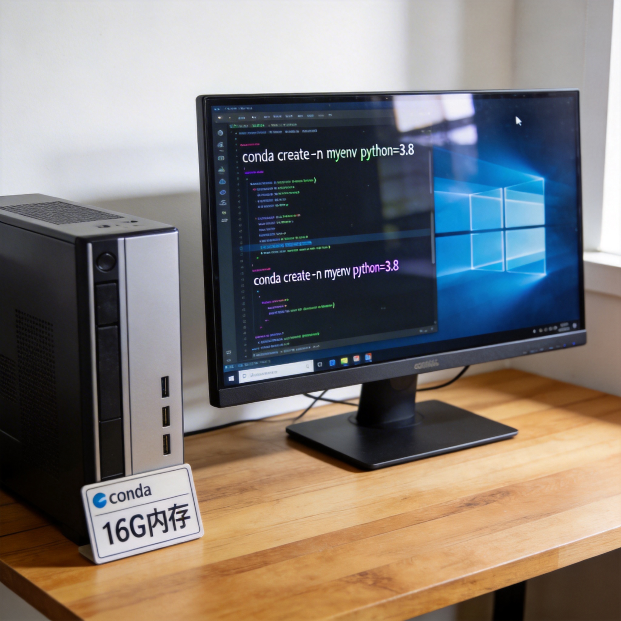 电脑桌的Windows系统电脑，屏幕显示conda创建虚拟环境的命令行界面，旁边放着标注16G内存的主机铭牌，室内自然光